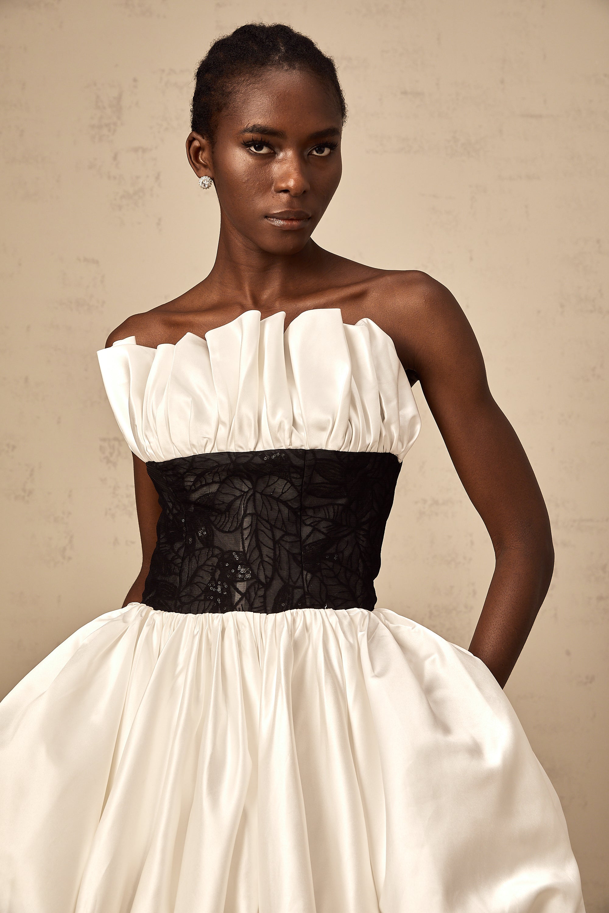 Éliane white lace-panelling puff satin mini dress