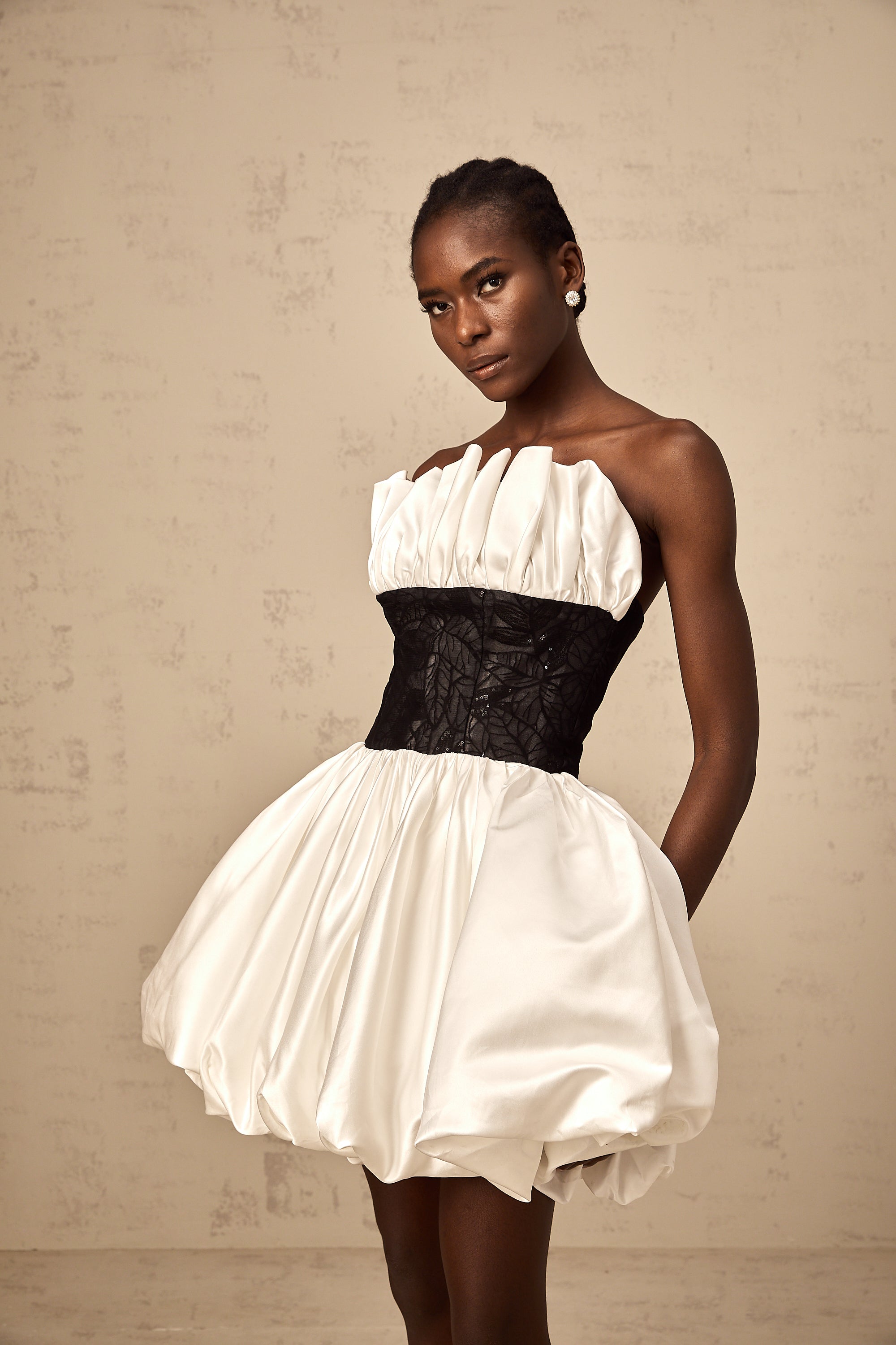 Éliane white lace-panelling puff satin mini dress
