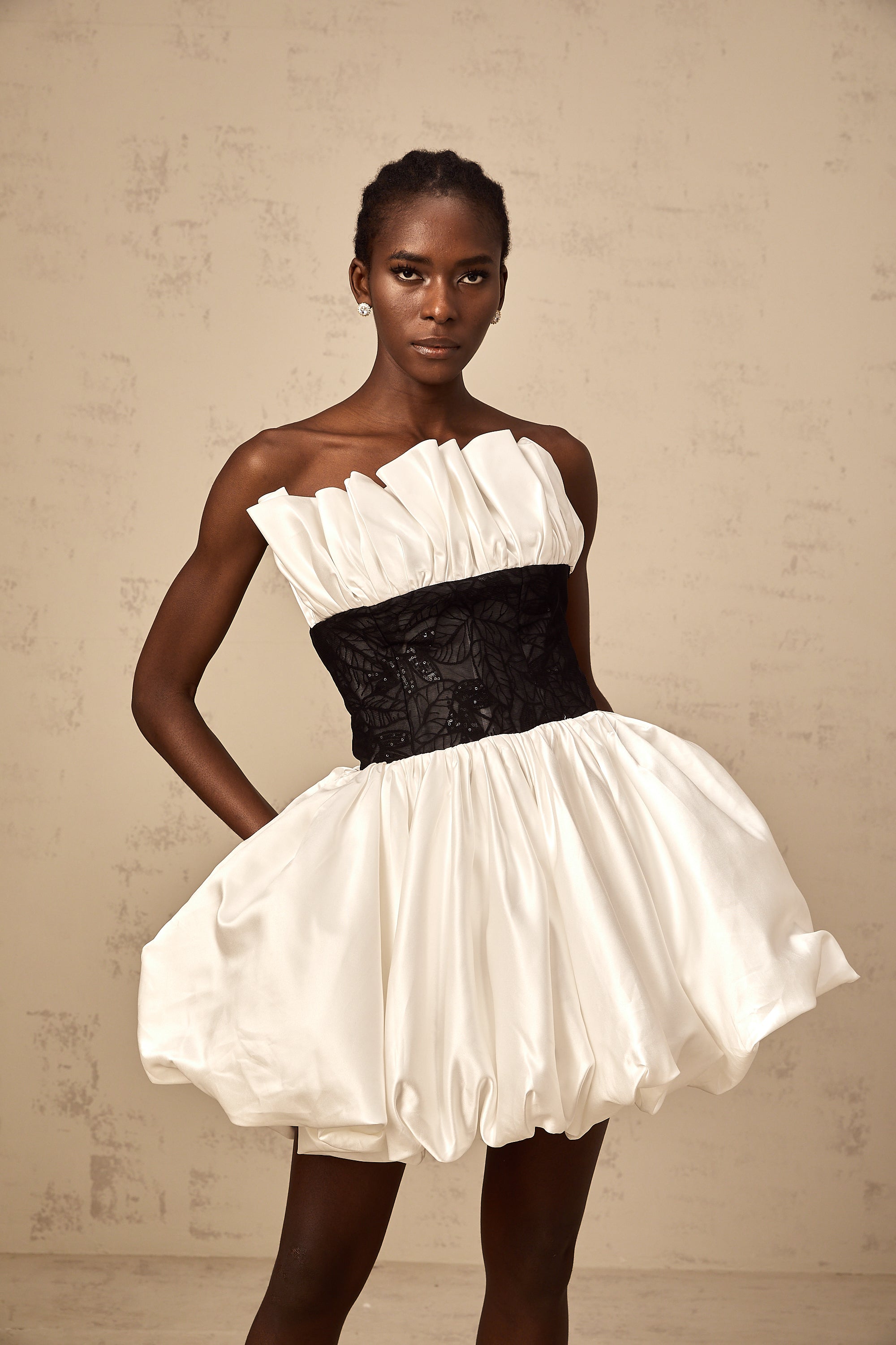Éliane white lace-panelling puff satin mini dress