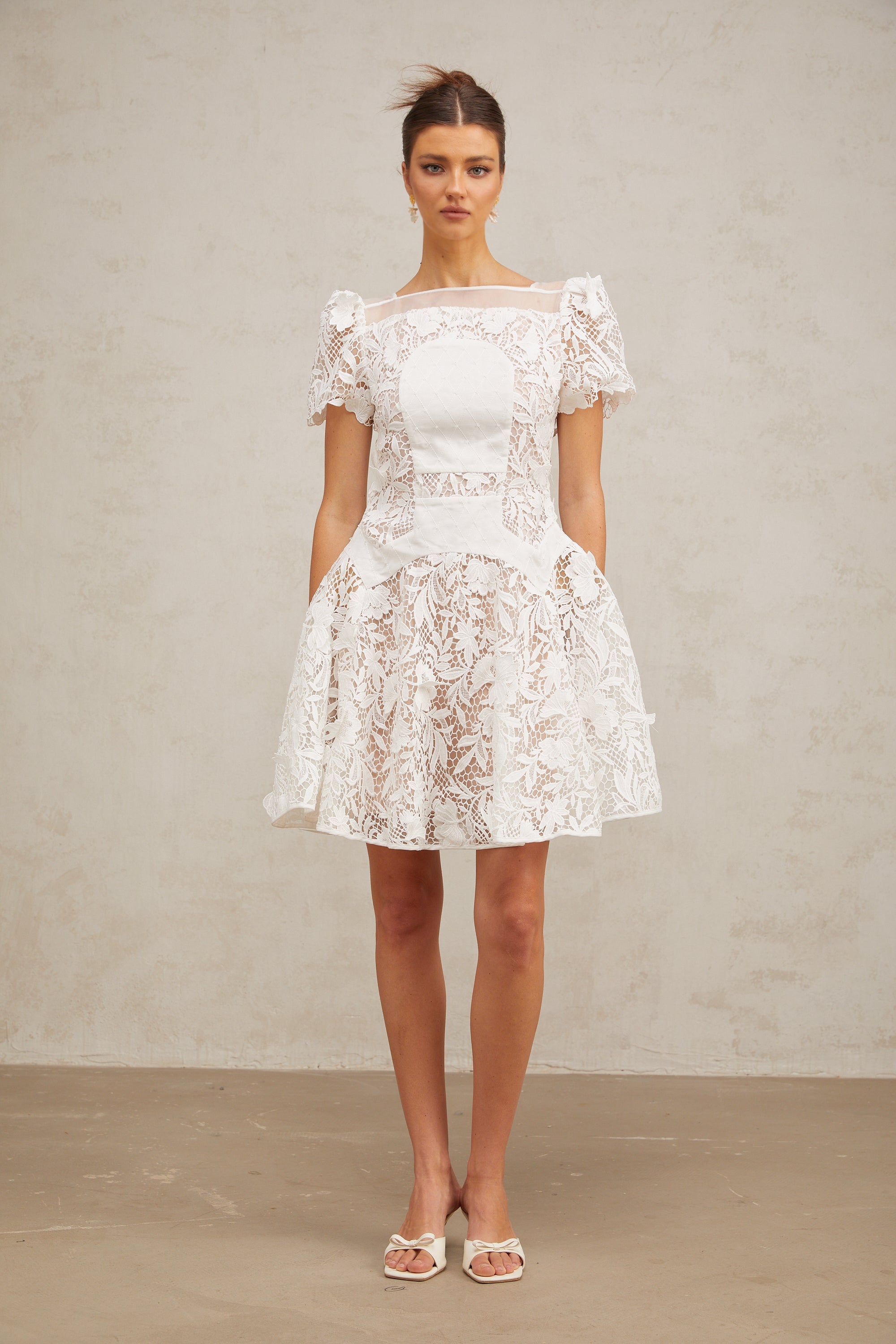 Josette white floral-lace puff mini dress