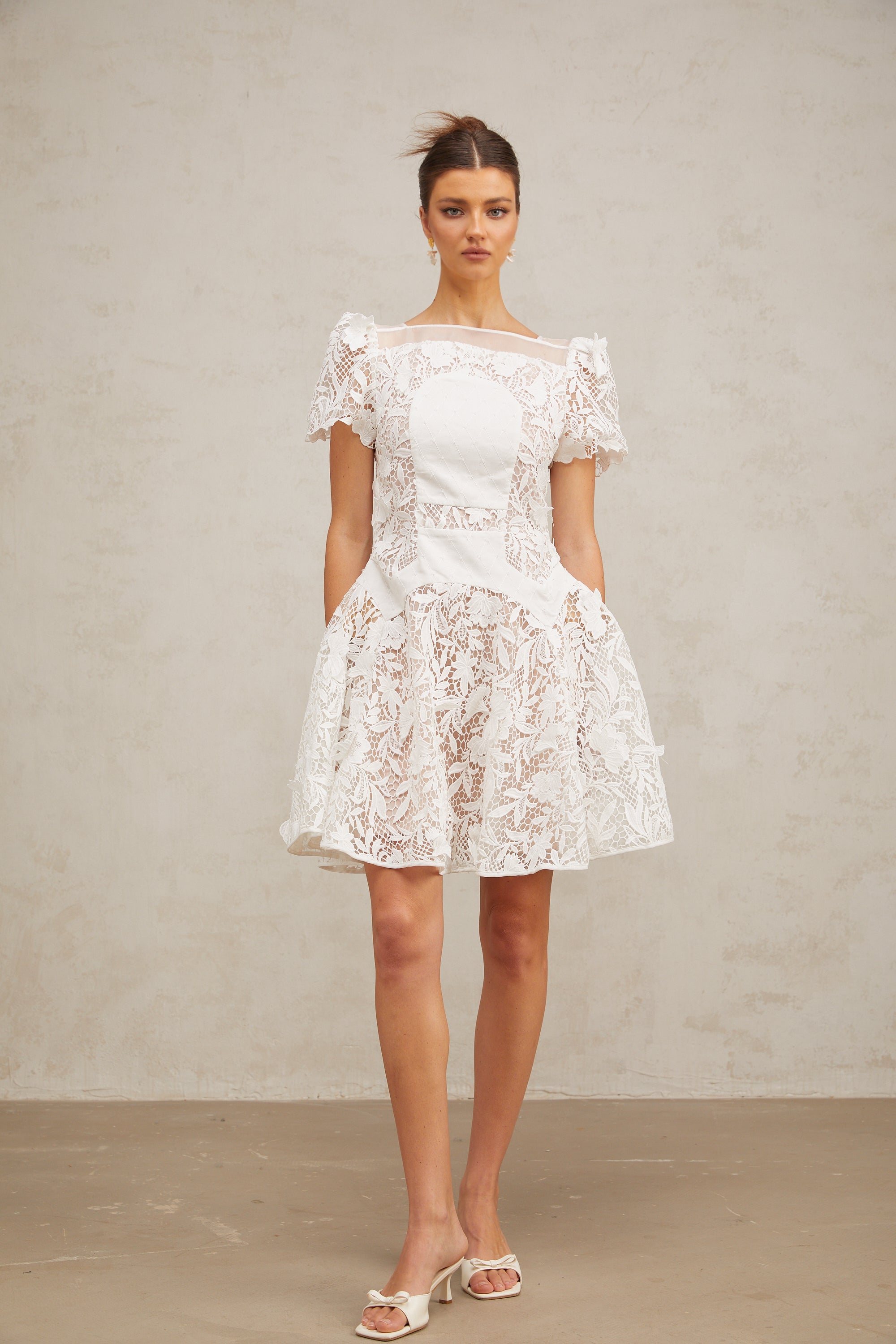 Josette white floral-lace puff mini dress