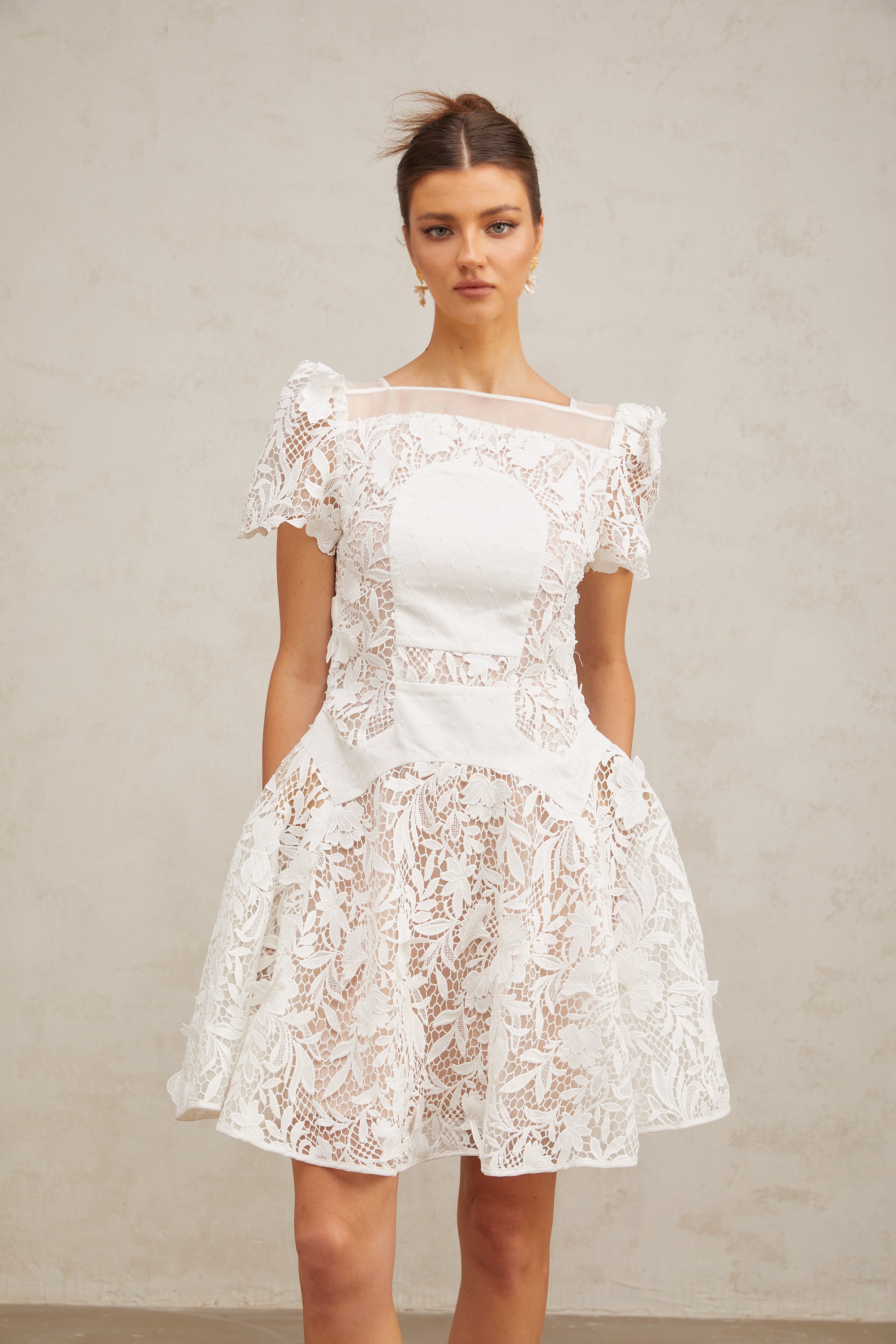 Josette white floral-lace puff mini dress