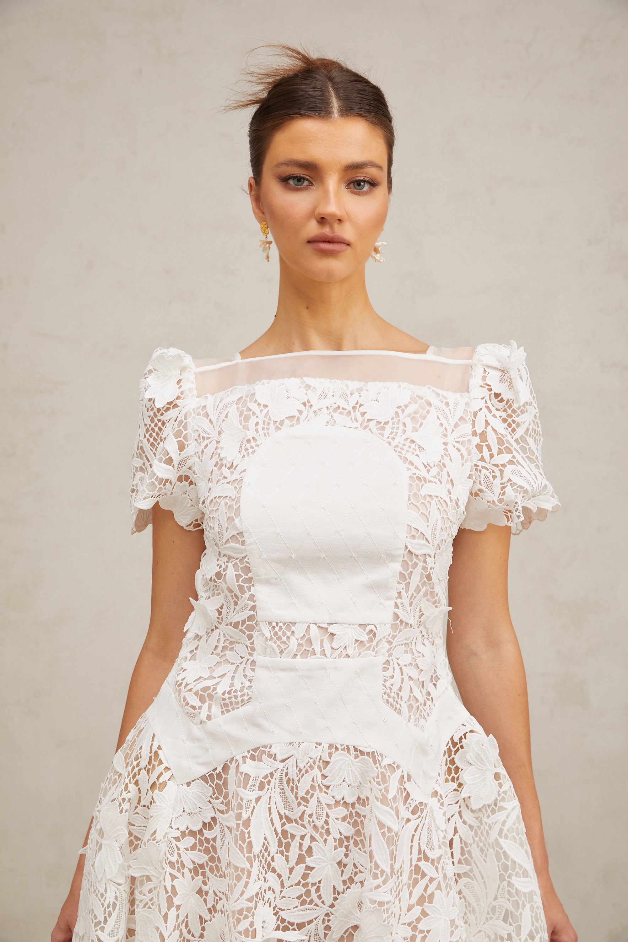 Josette white floral-lace puff mini dress