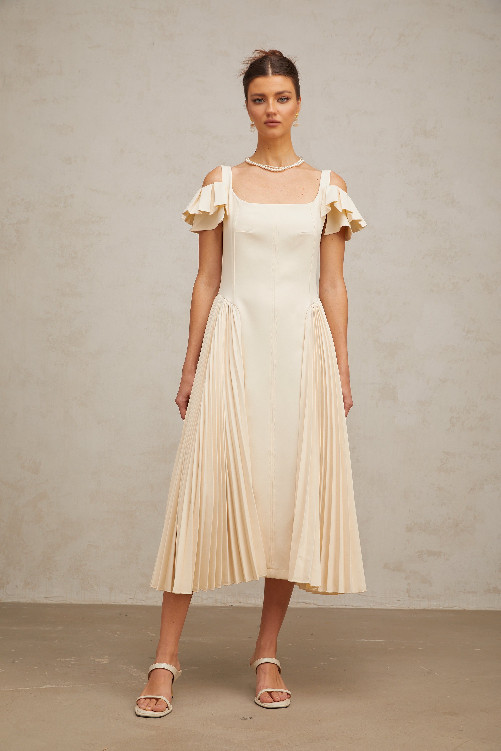 Véronique neutrals pleated flared midi dress