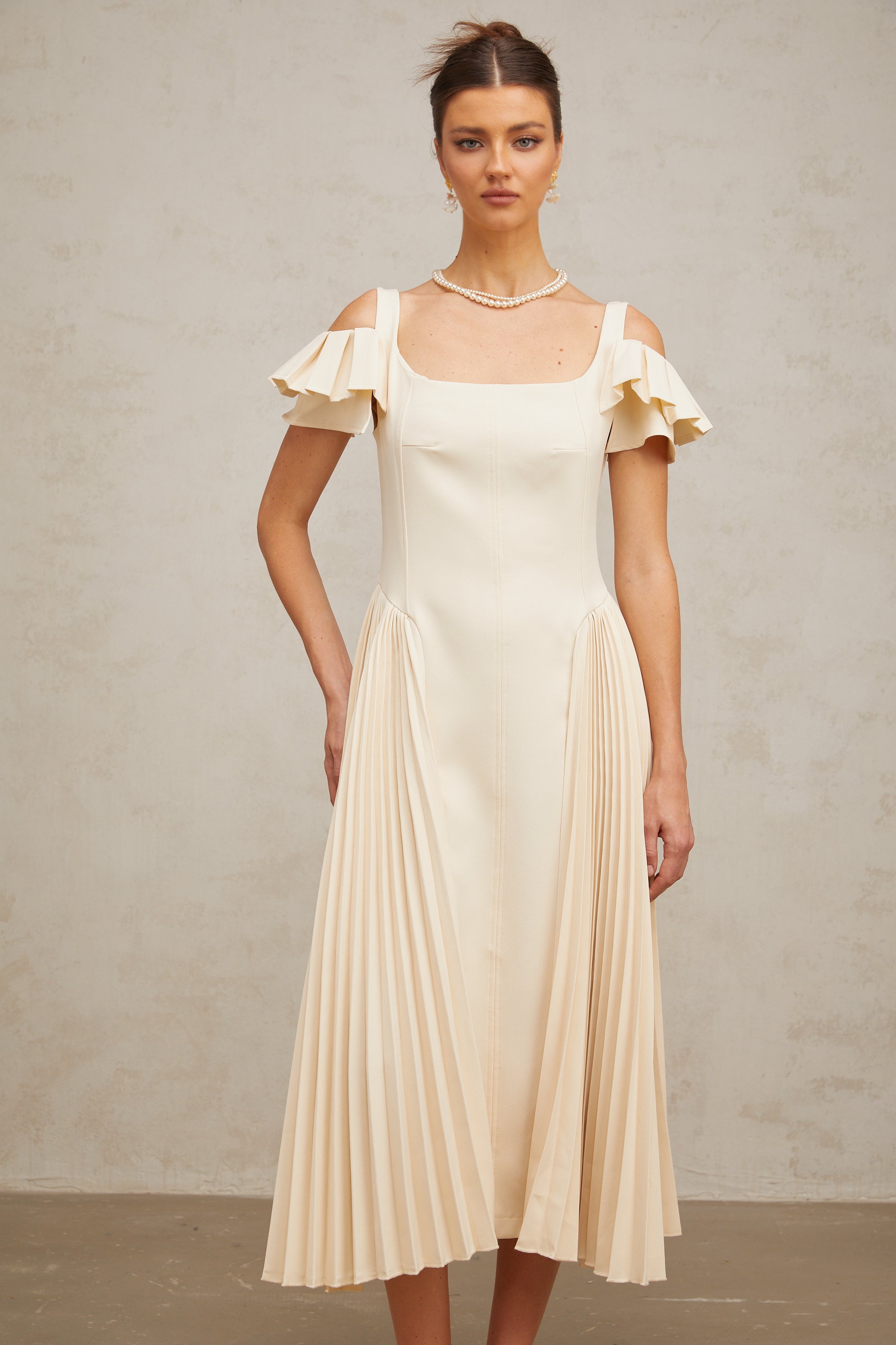 Véronique neutrals pleated flared midi dress
