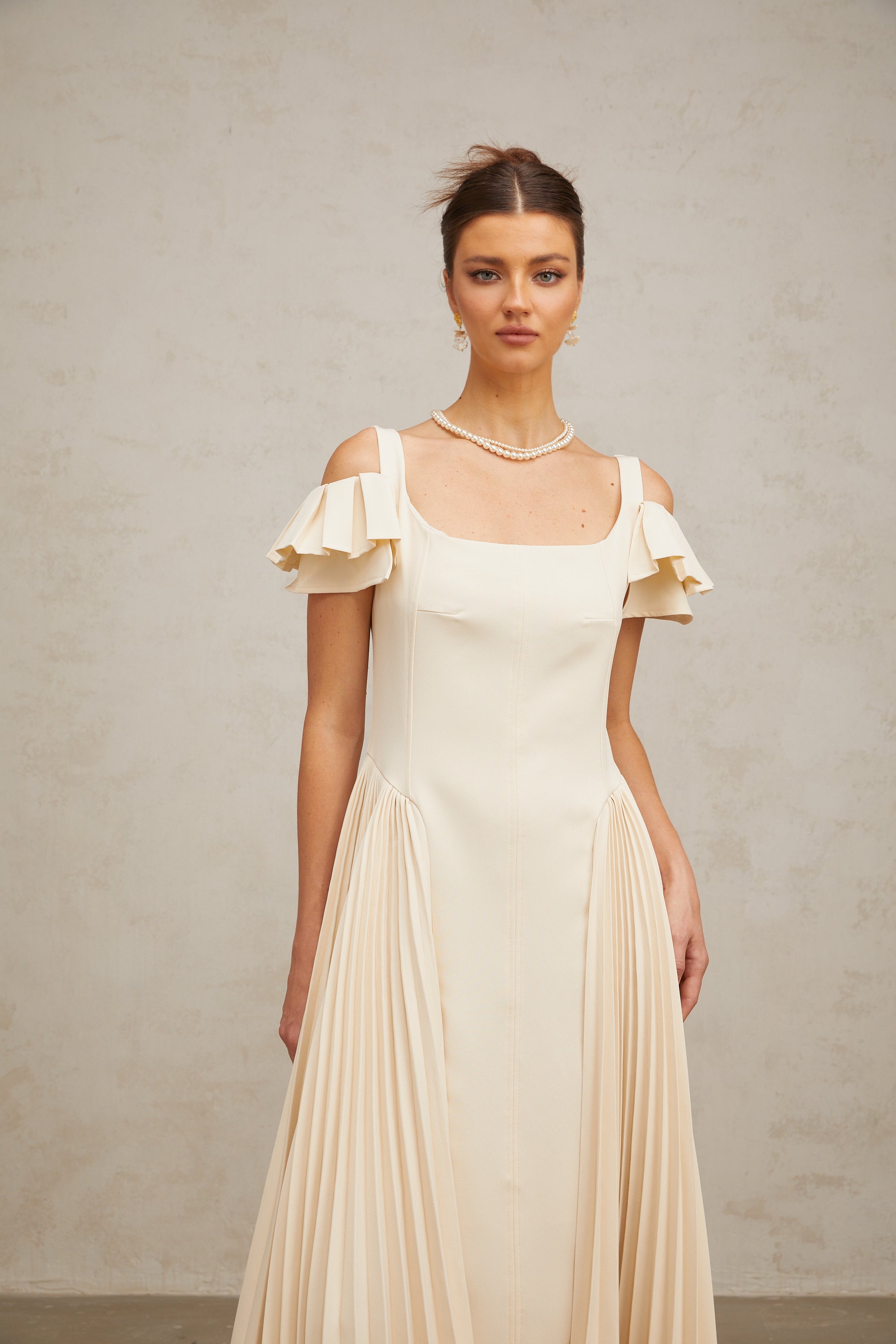 Véronique neutrals pleated flared midi dress