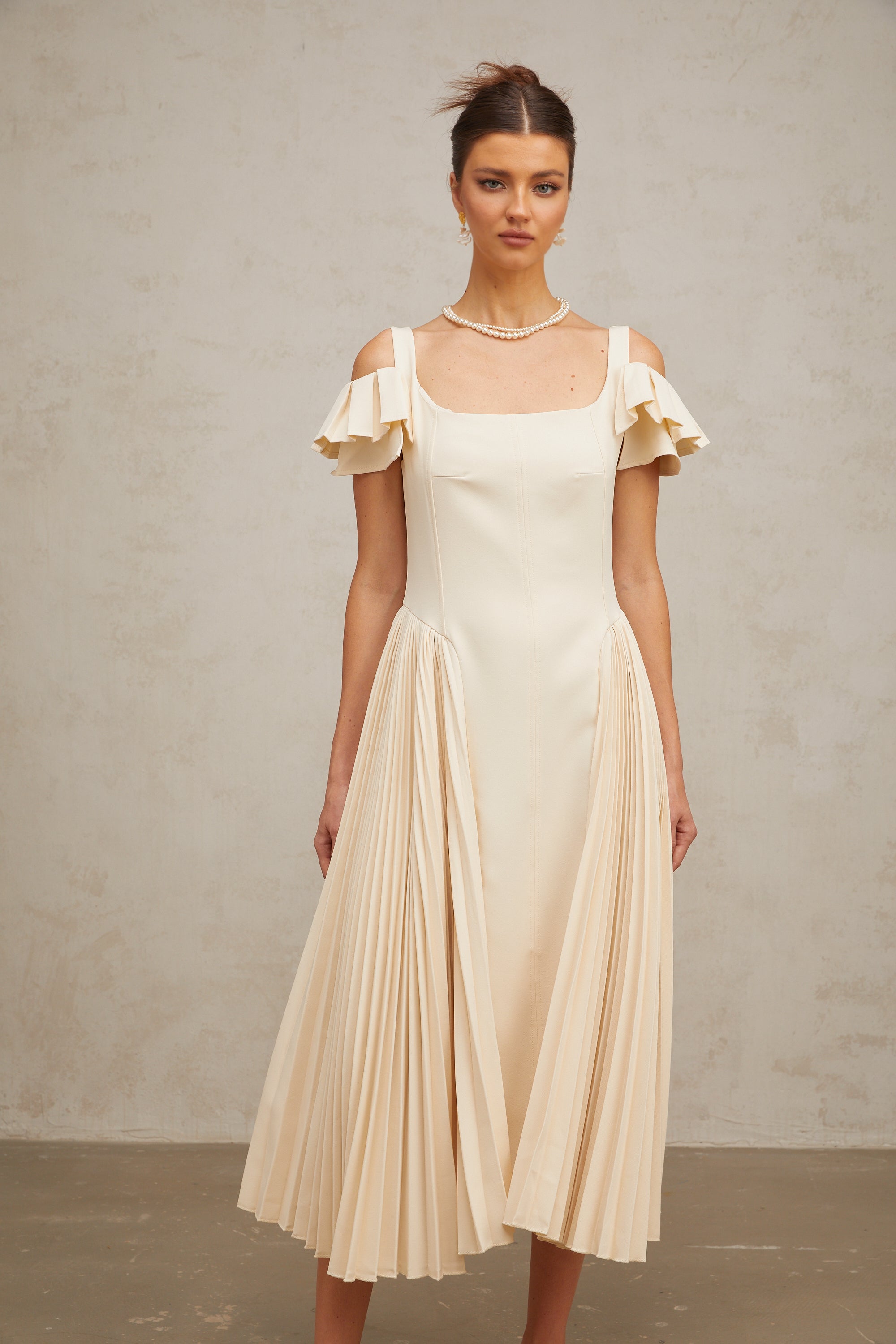 Véronique neutrals pleated flared midi dress