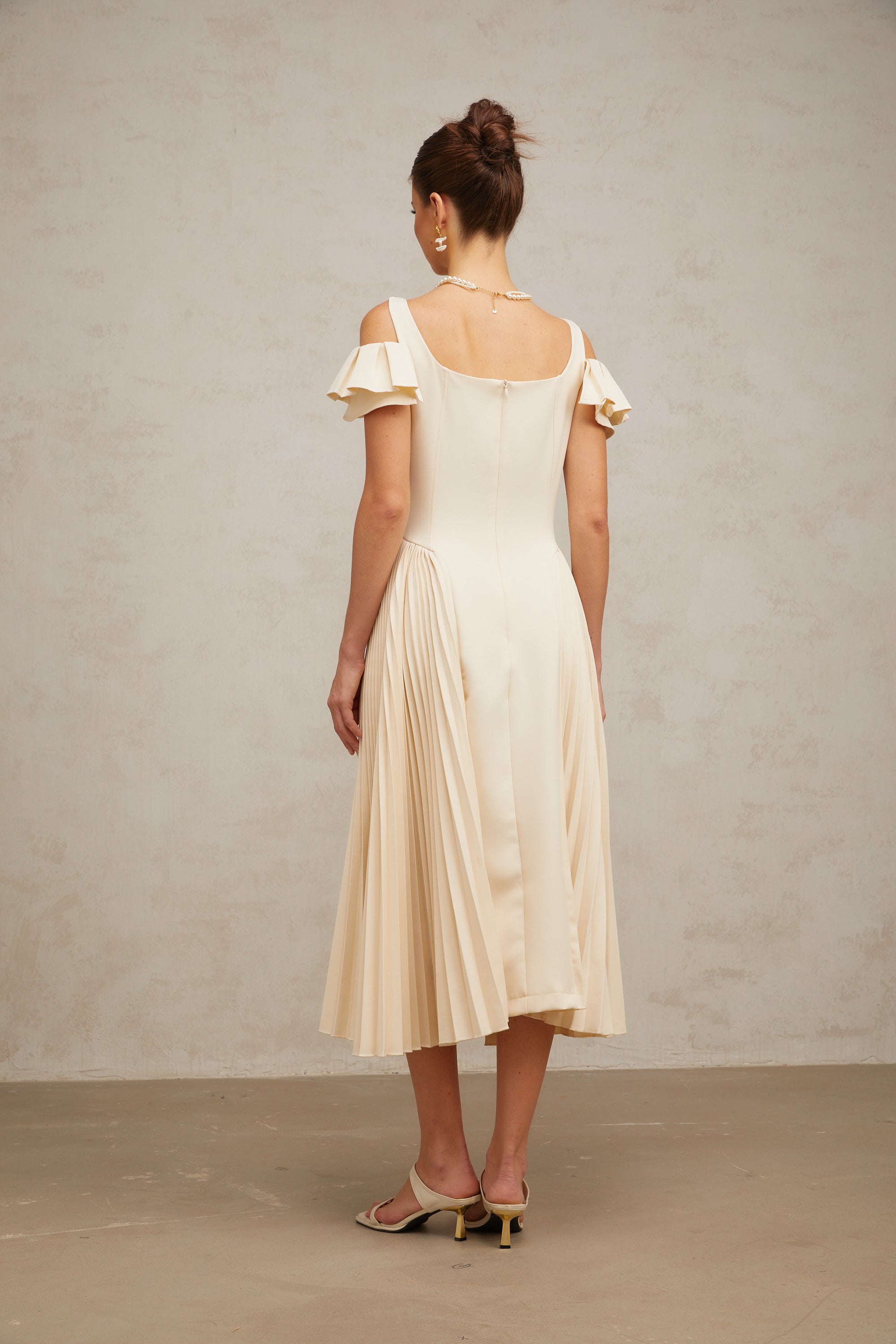 Véronique neutrals pleated flared midi dress