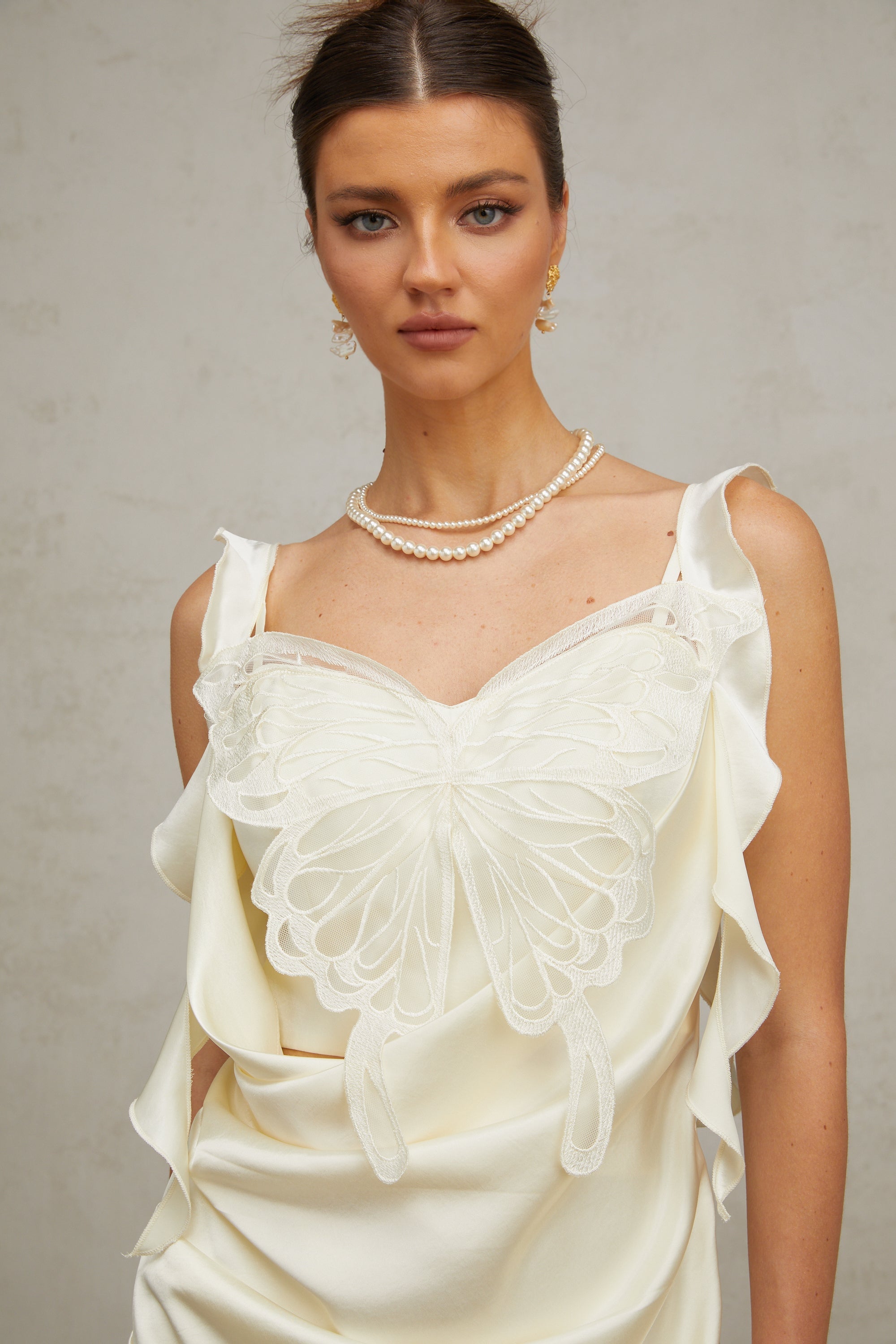 Sylvia neutrals butterfly draped mini dress