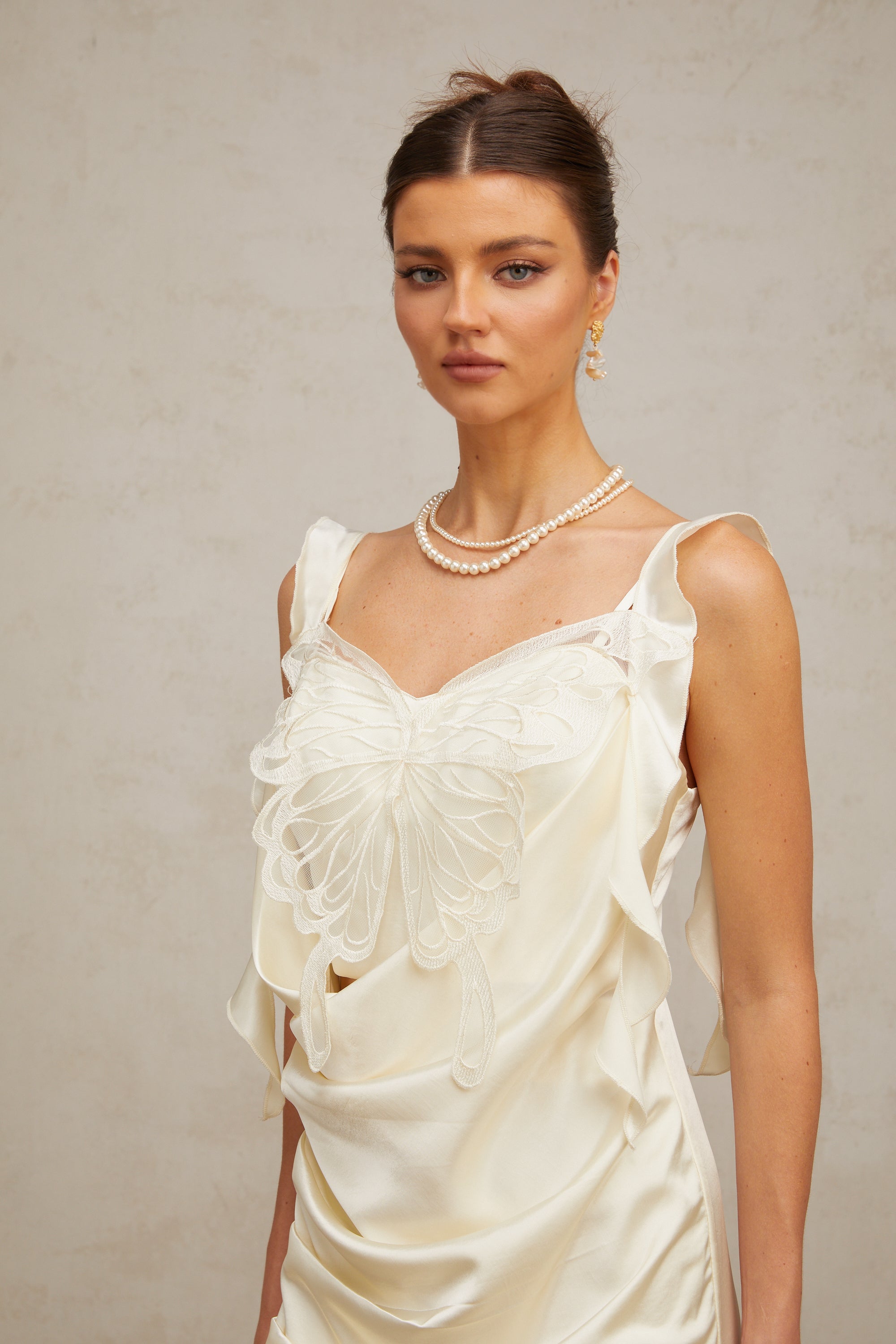 Sylvia neutrals butterfly draped mini dress