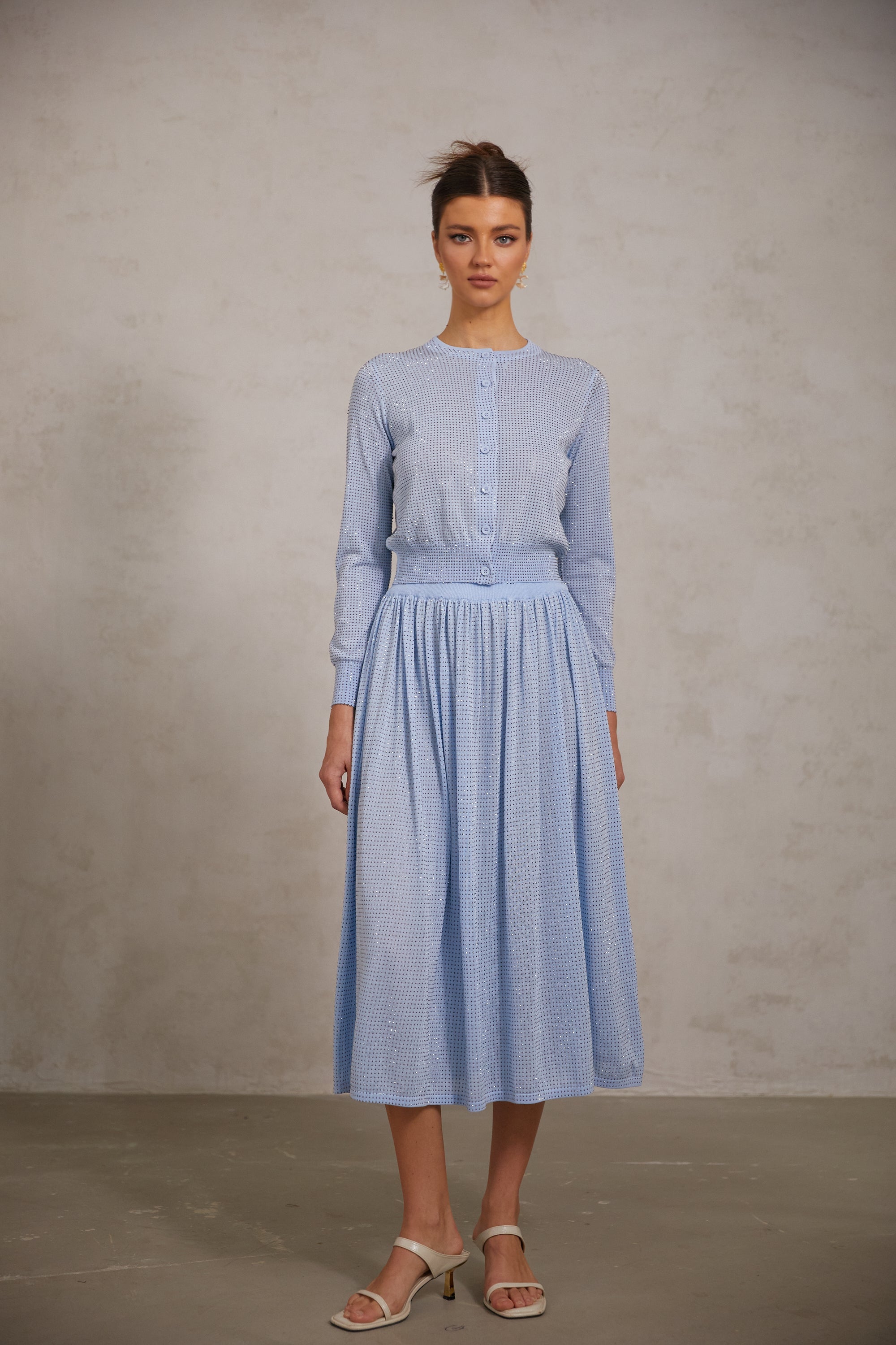 Tiphaine blue rhinestone knitted top & skirt matching set
