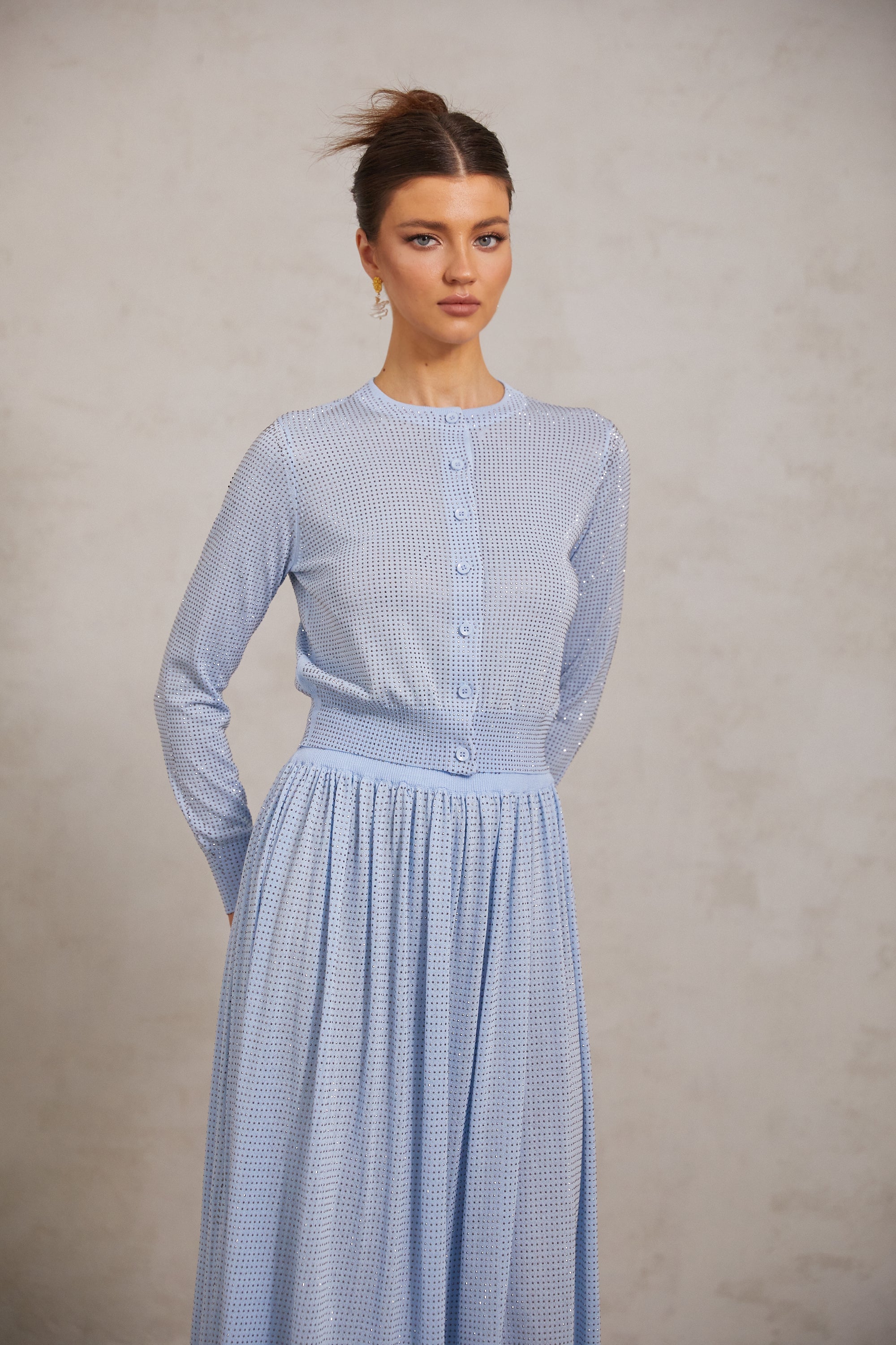 Tiphaine blue rhinestone knitted top & skirt matching set