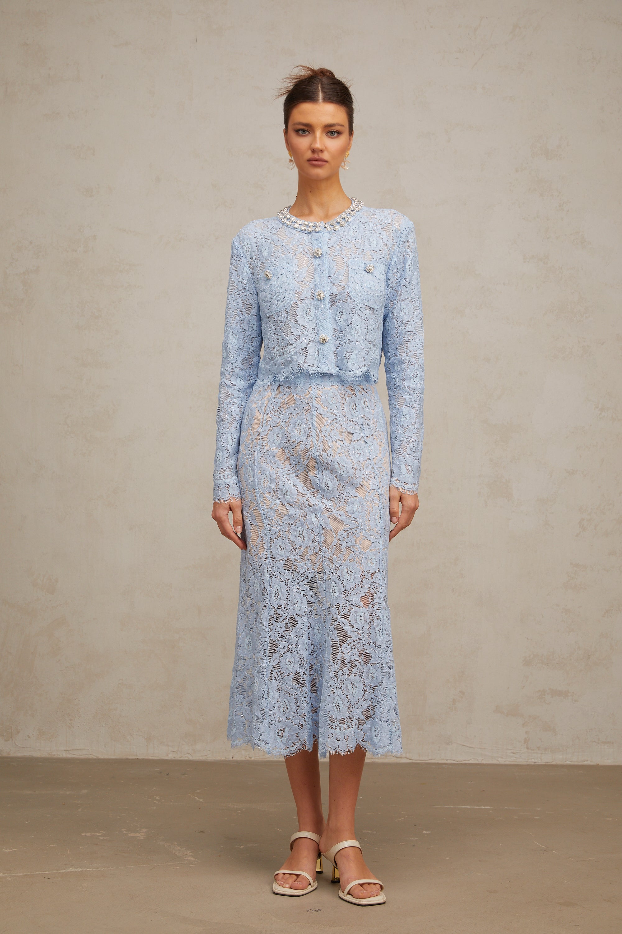 Ariane blue floral-lace top & skirt matching set (US Only)