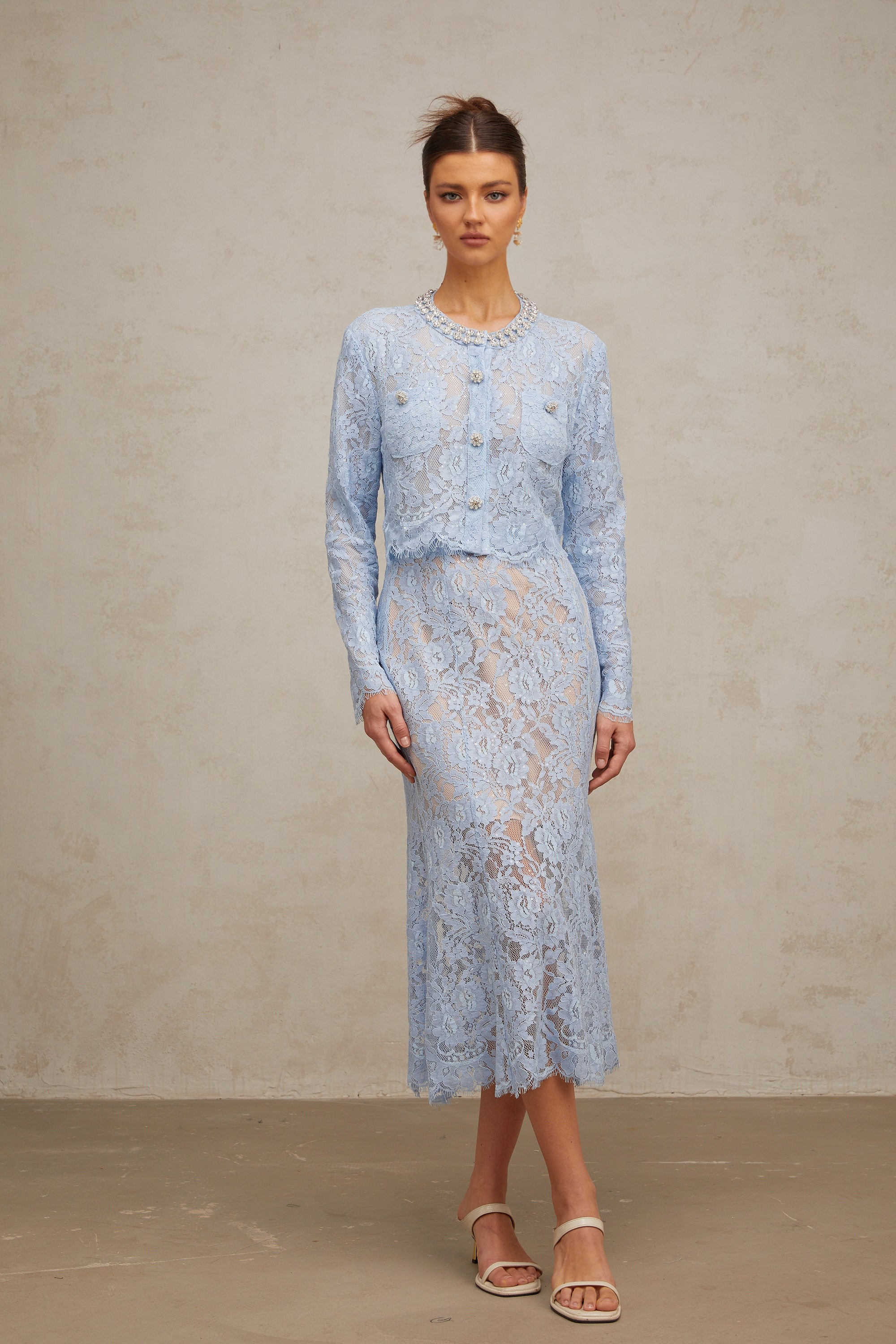 Ariane blue floral-lace top & skirt matching set (US Only)