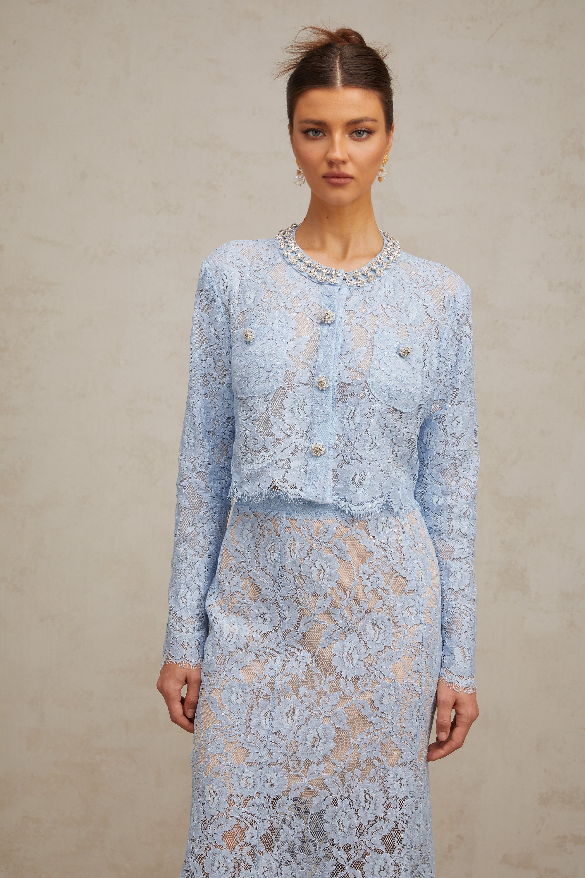 Ariane blue floral-lace top & skirt matching set (US Only)
