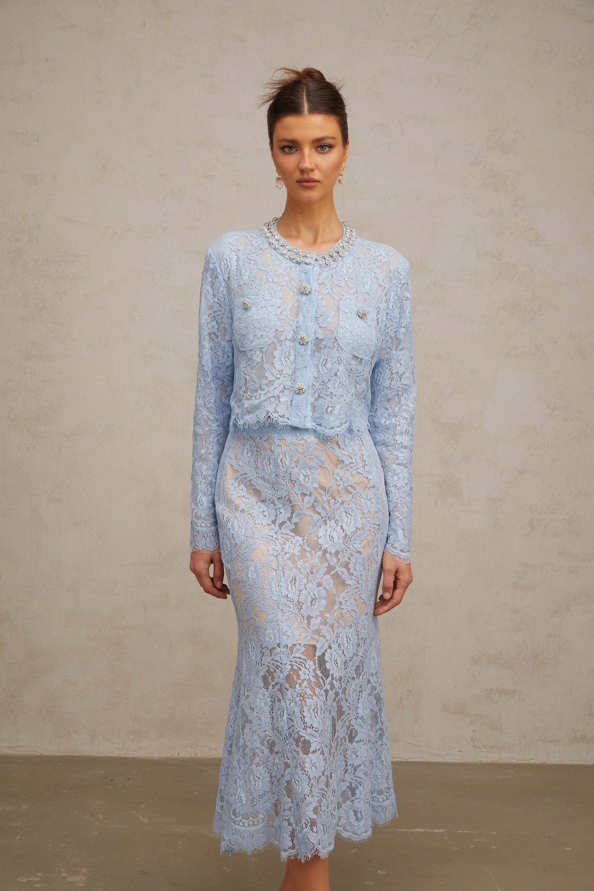 Ariane blue floral-lace top & skirt matching set (US Only)