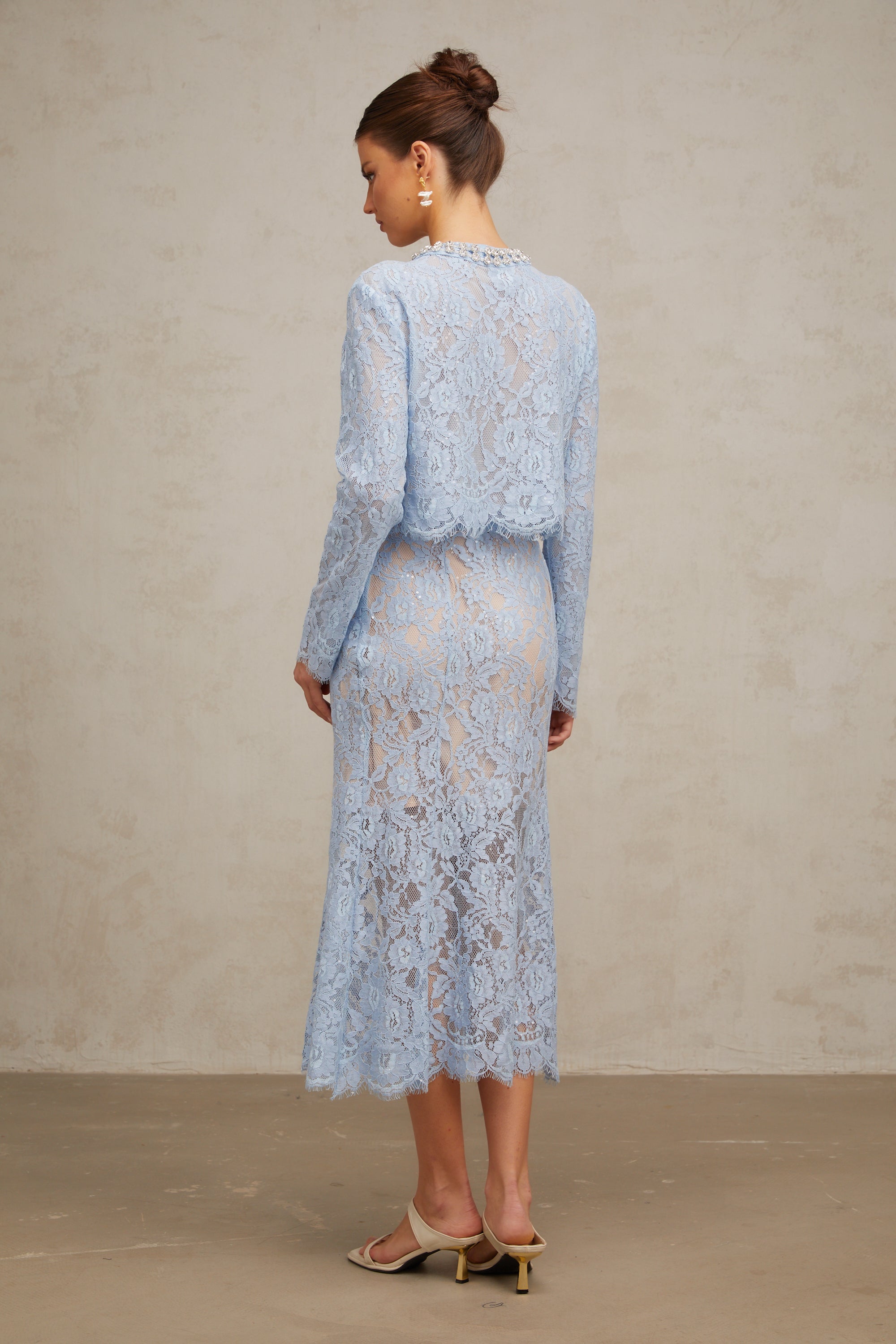 Ariane blue floral-lace top & skirt matching set (US Only)