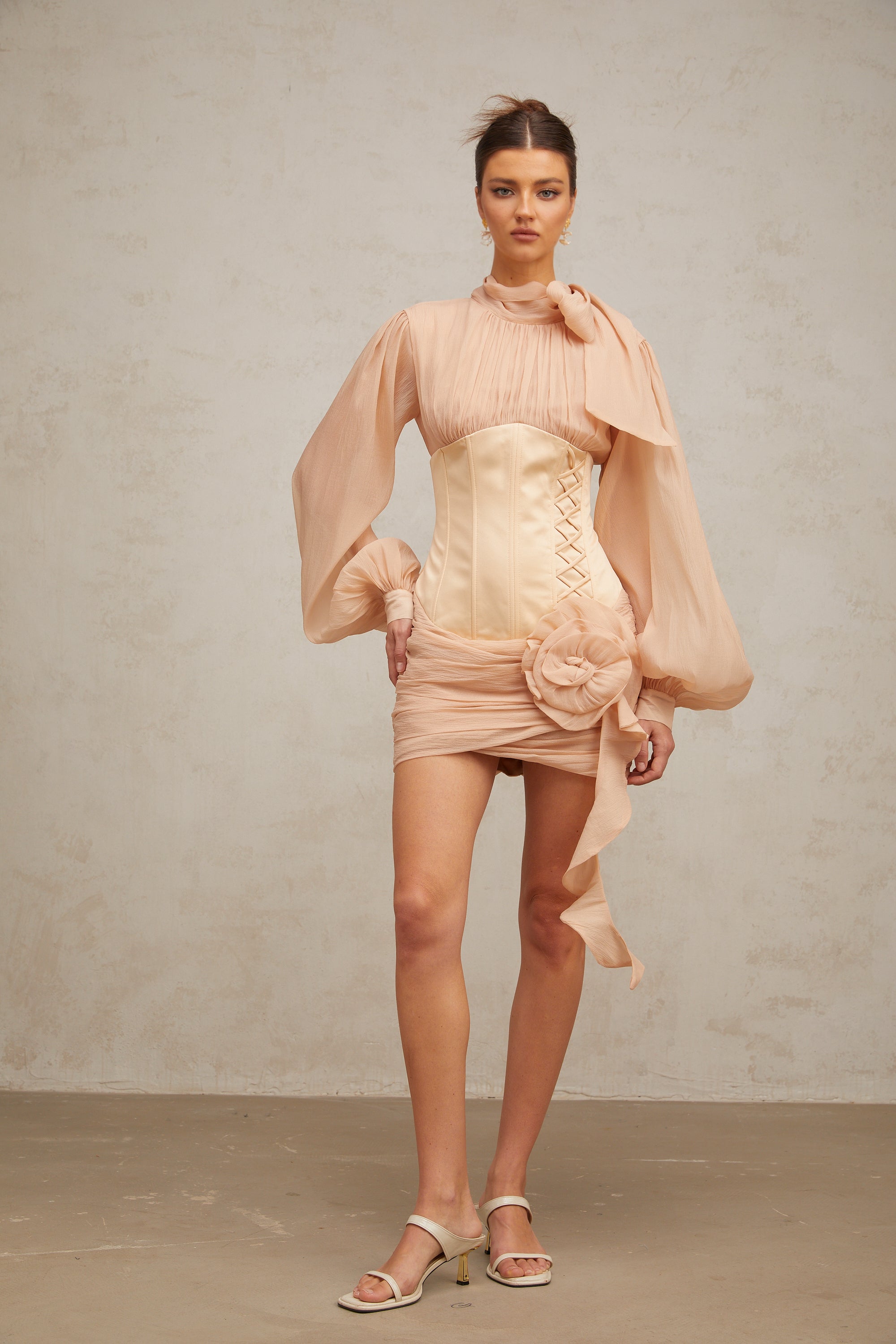 Téa cinched-waist floral-appliqué panelled mini dress