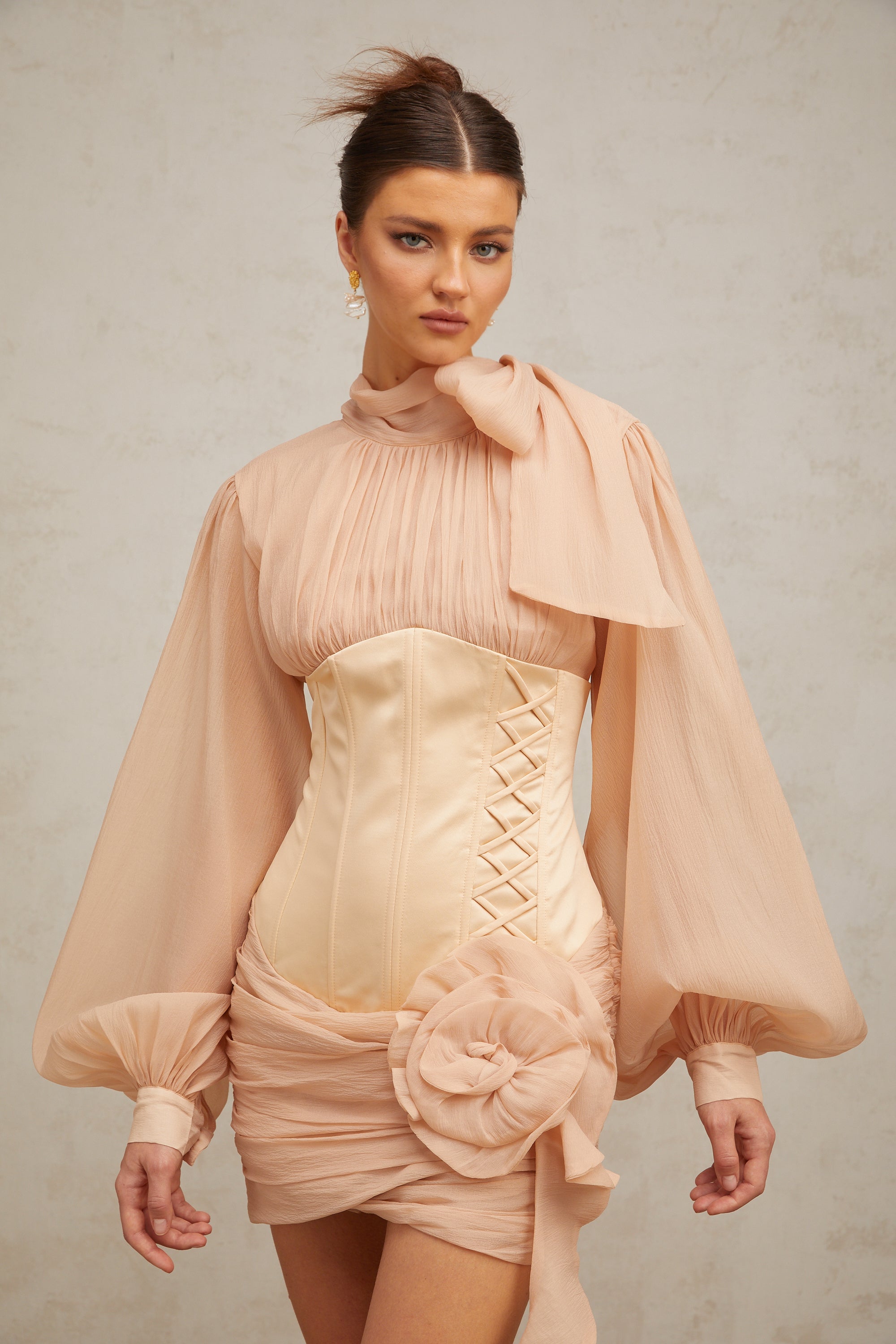 Téa cinched-waist floral-appliqué panelled mini dress