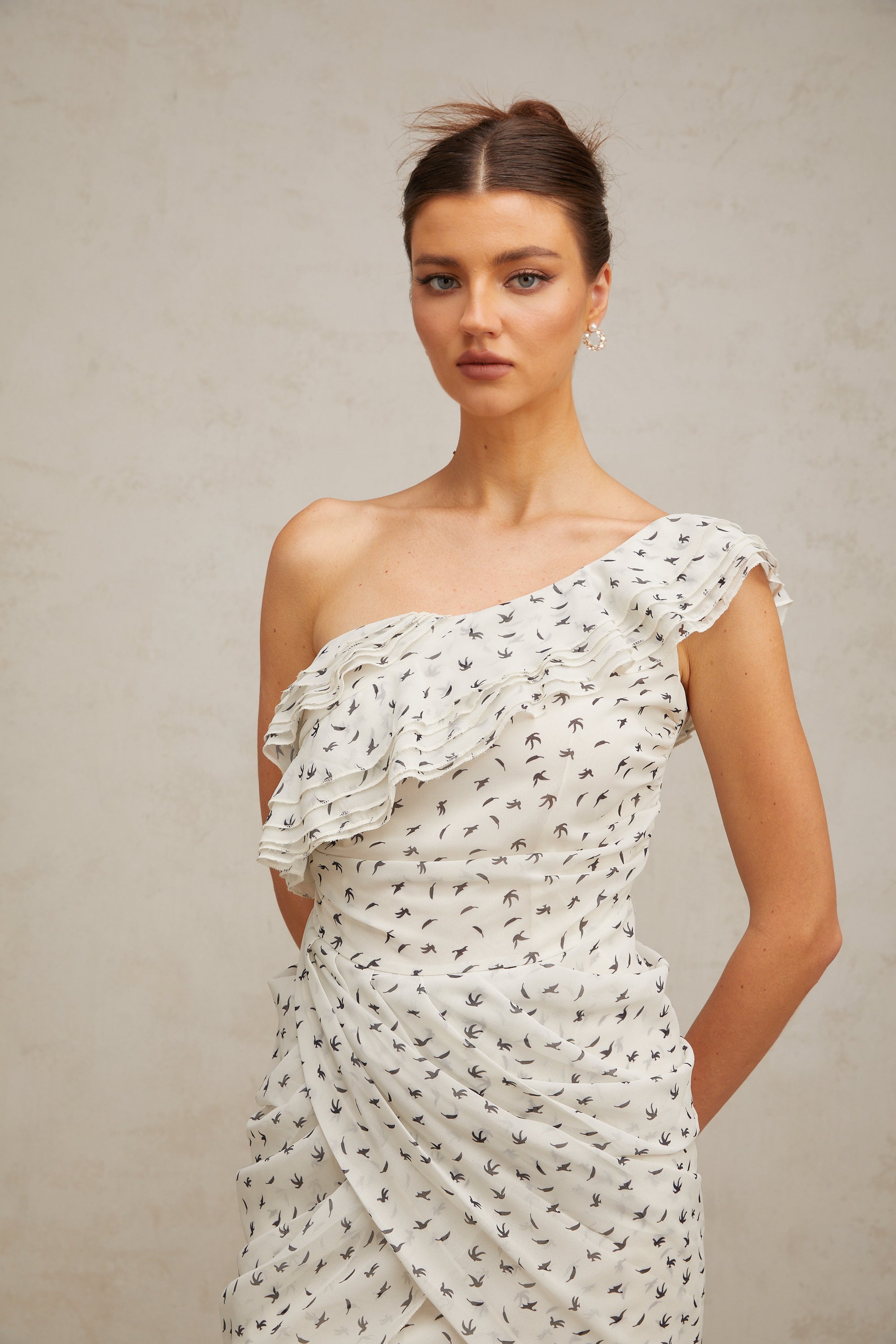Irina white pattern-print ruffled mini dress