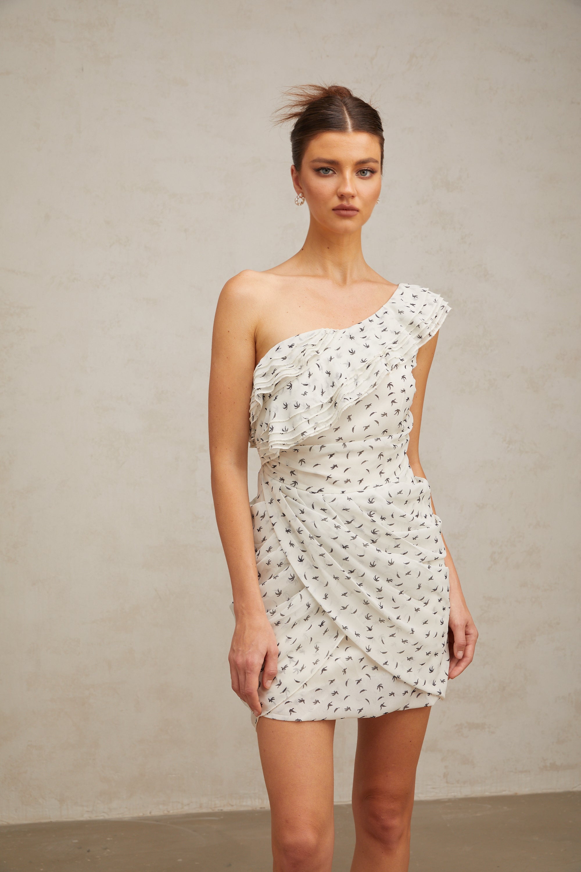 Irina white pattern-print ruffled mini dress