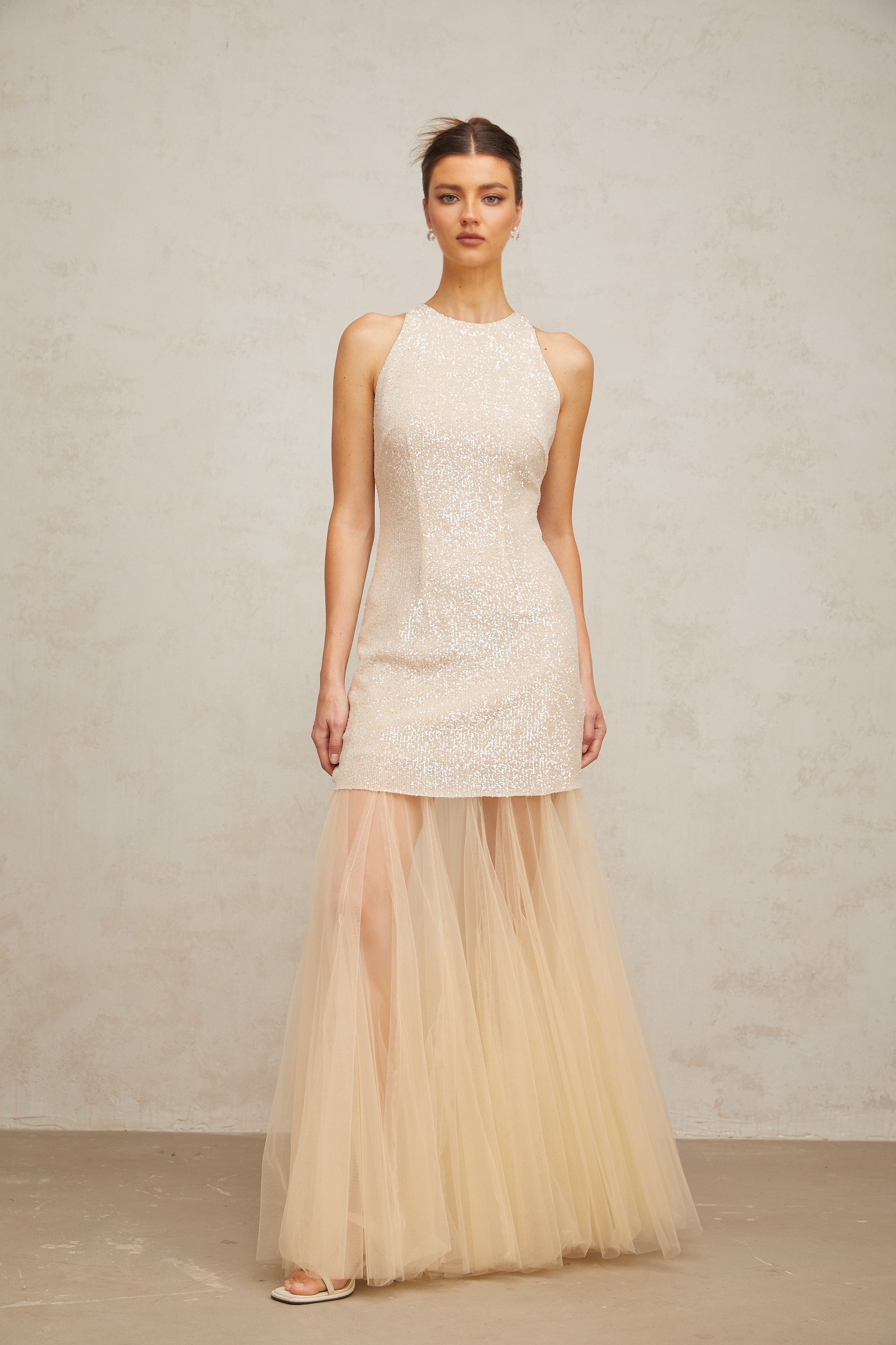 Thaïs champagne sequined tulle-panel maxi dress