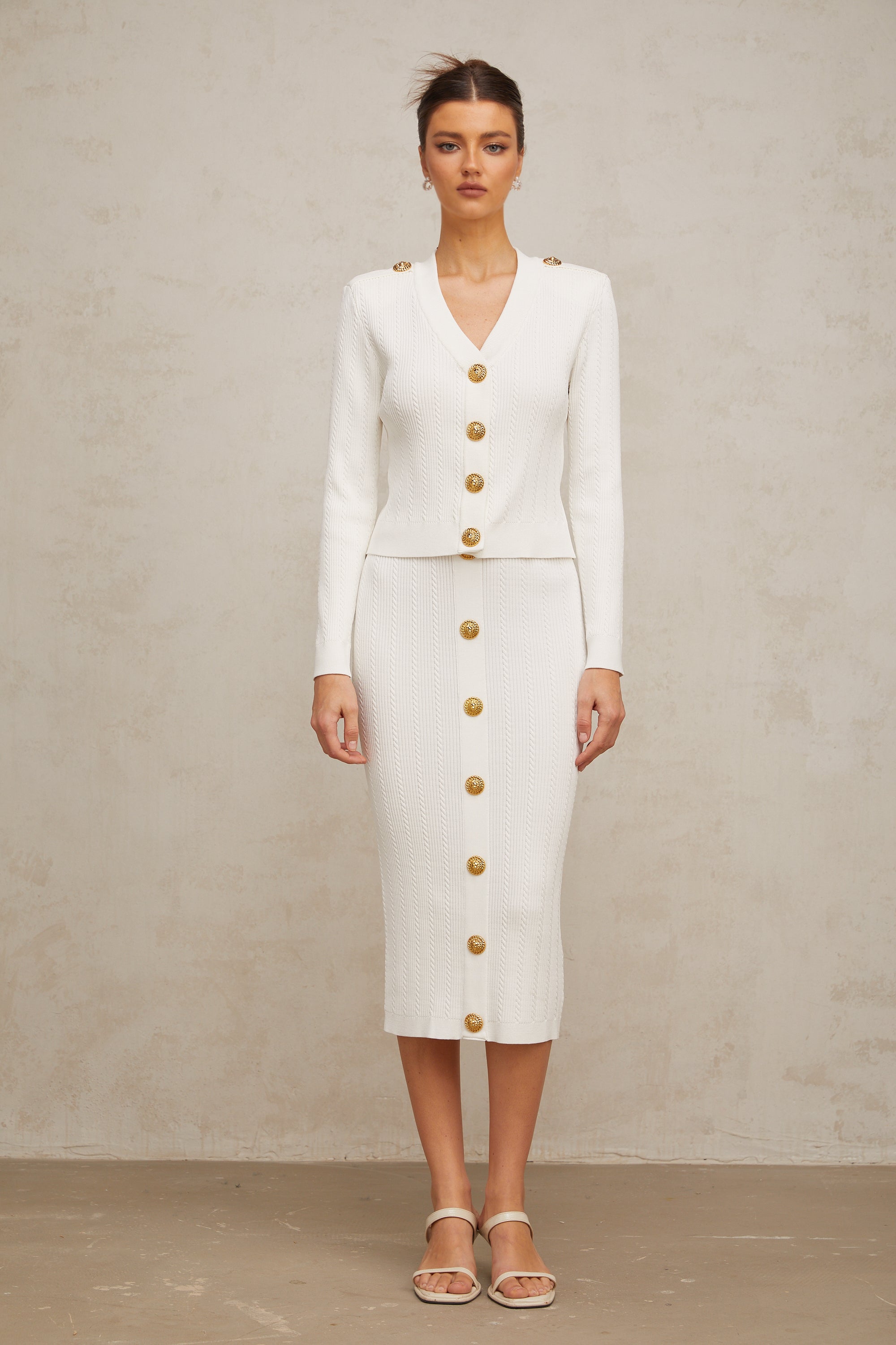 Quirine white rib-knit jacket & skirt matching set