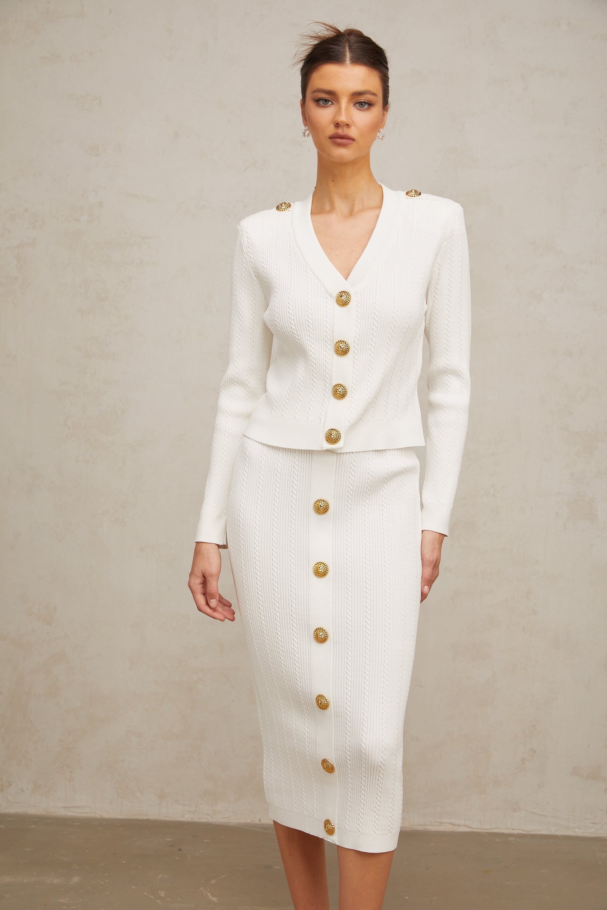 Quirine white rib-knit jacket & skirt matching set