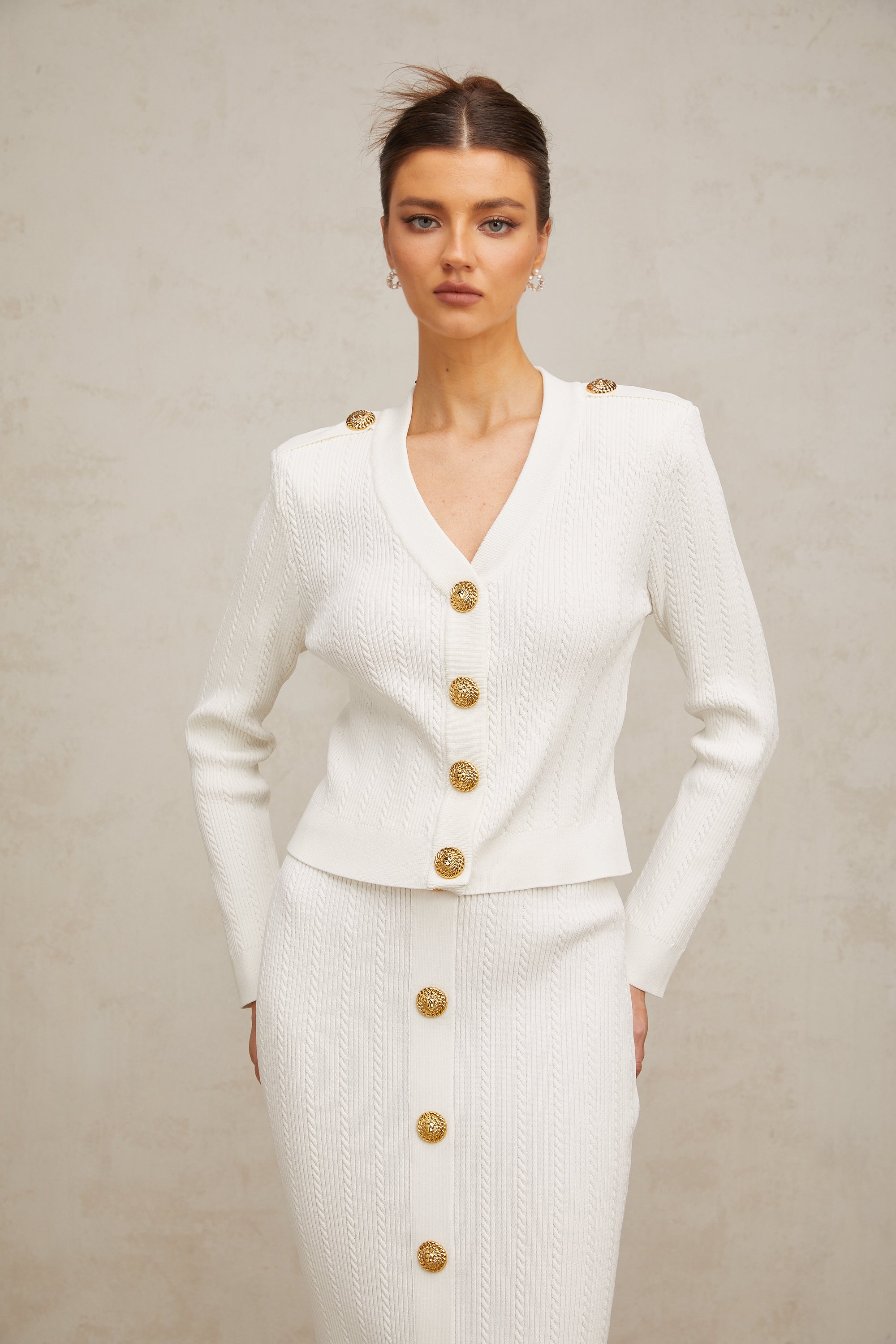 Quirine white rib-knit jacket & skirt matching set