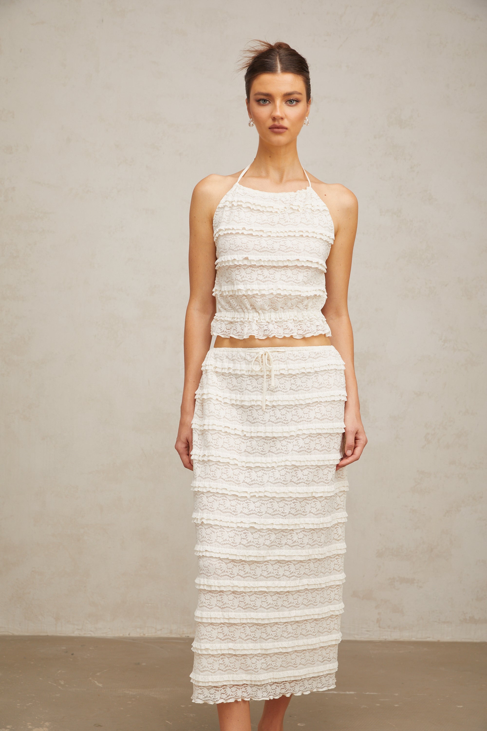 Héloïse off-white floral-lace ruffled top & skirt matching set