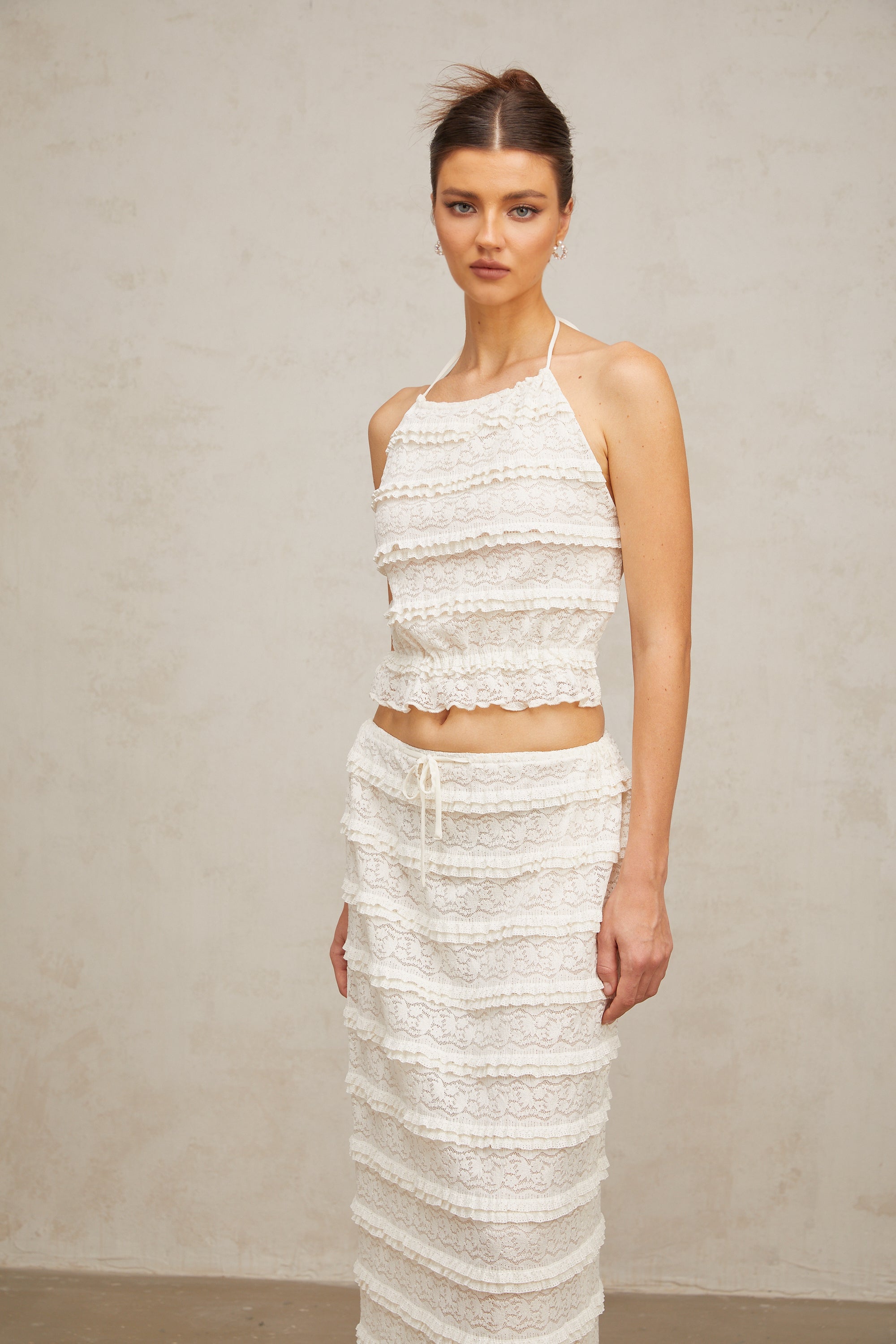 Héloïse off-white floral-lace ruffled top & skirt matching set