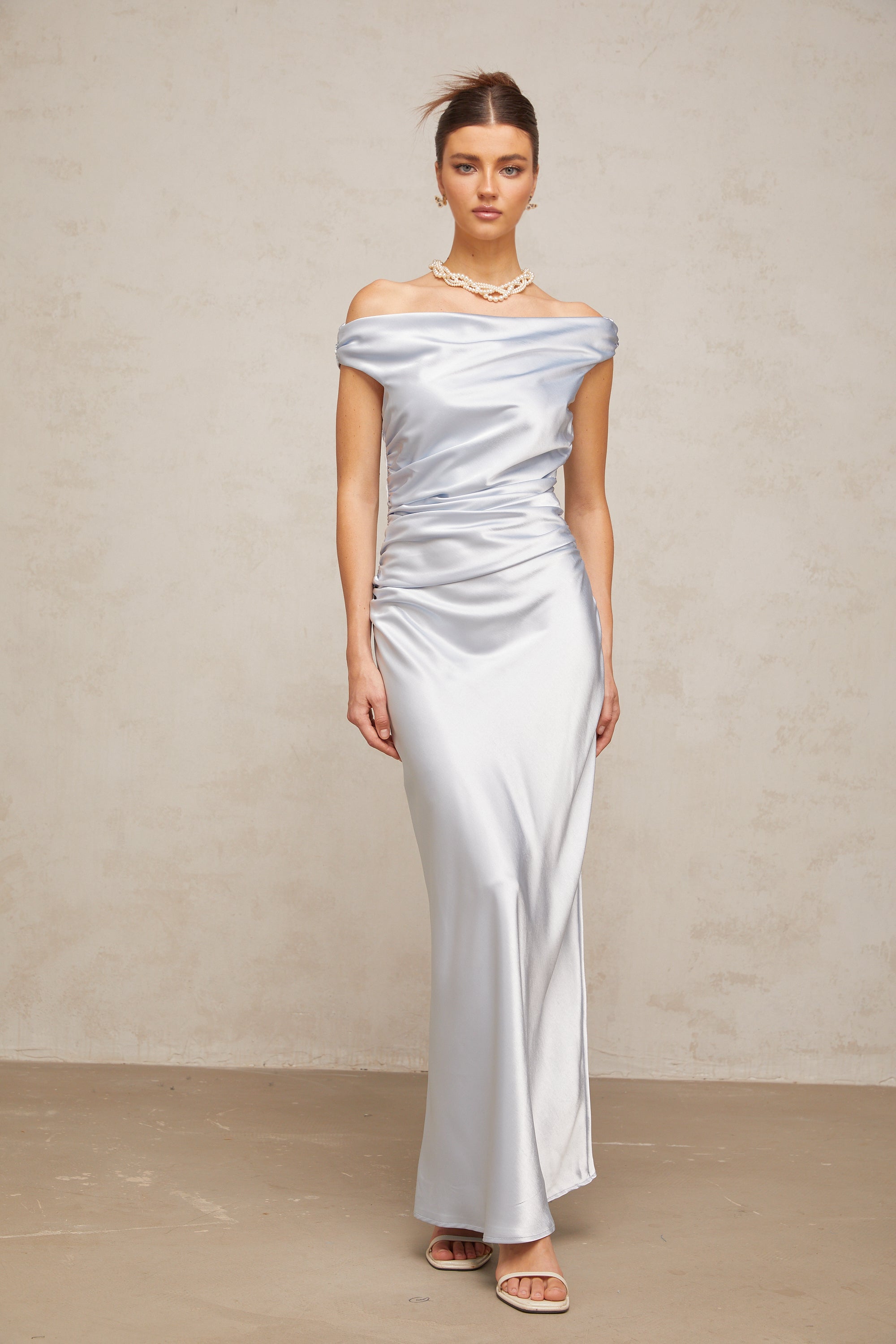 Amanda blue off-shoulder ruched satin maxi dress