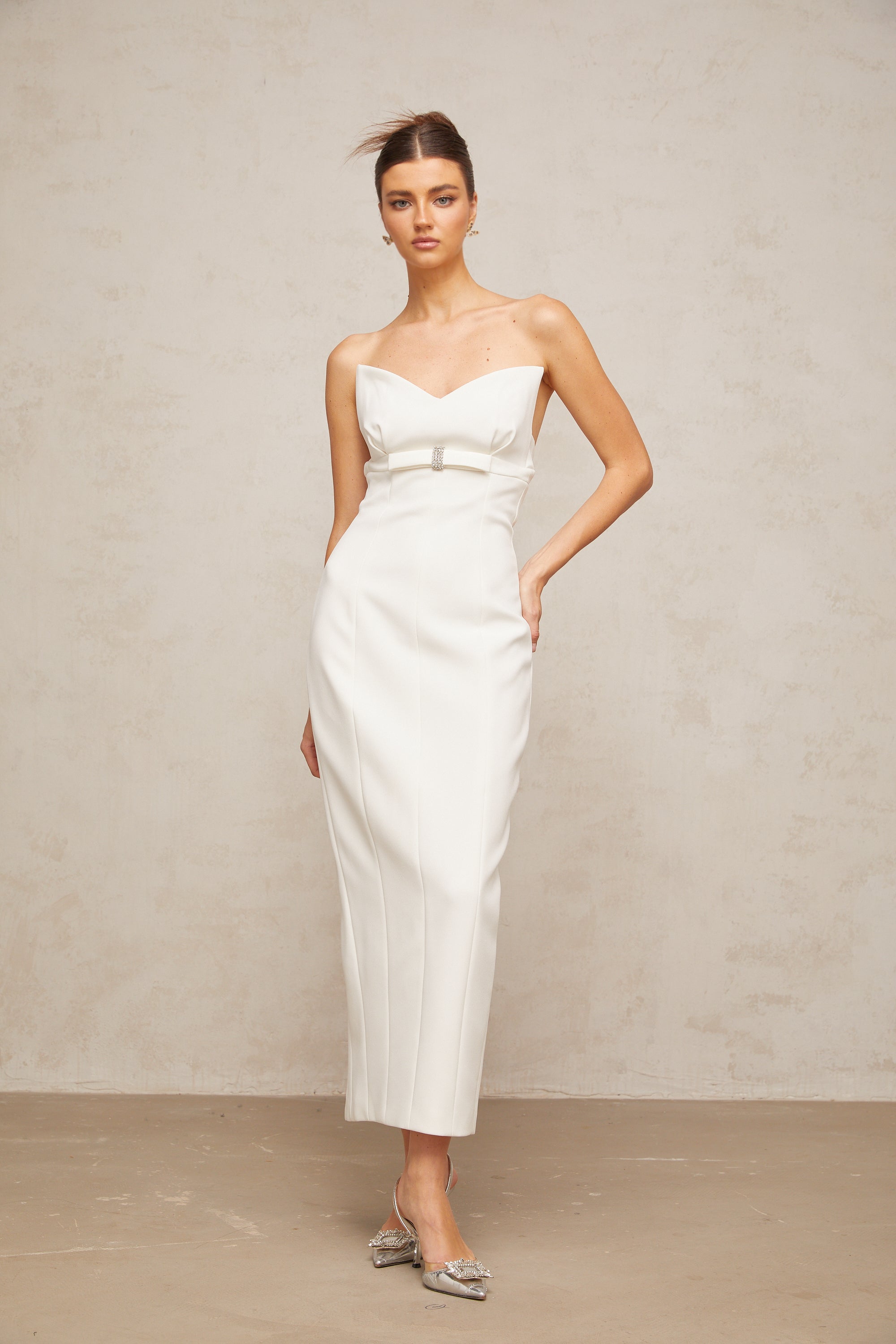 Isaline white corset bow-detail midi dress