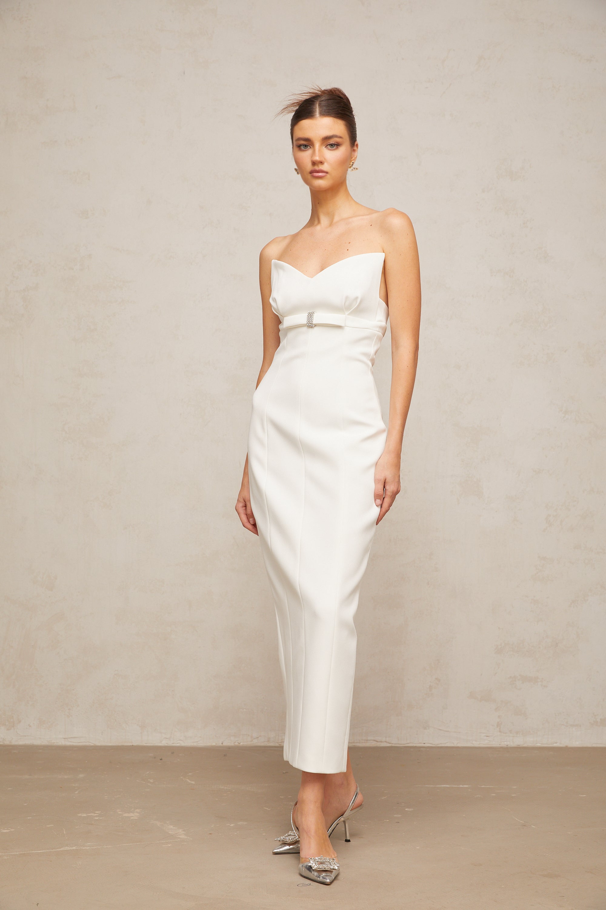 Isaline white corset bow-detail midi dress