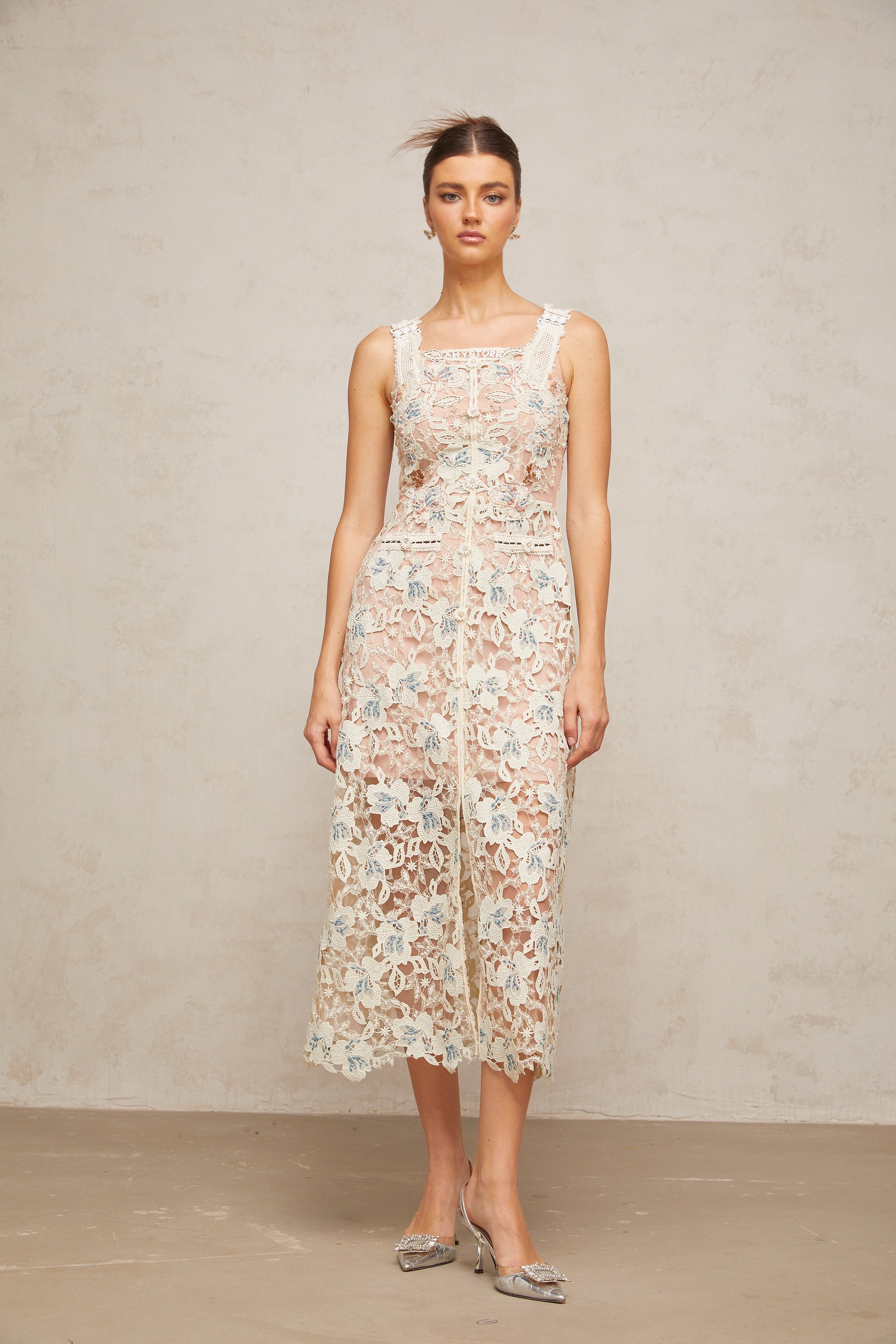 Roxane white A-line flora-lace midi dress