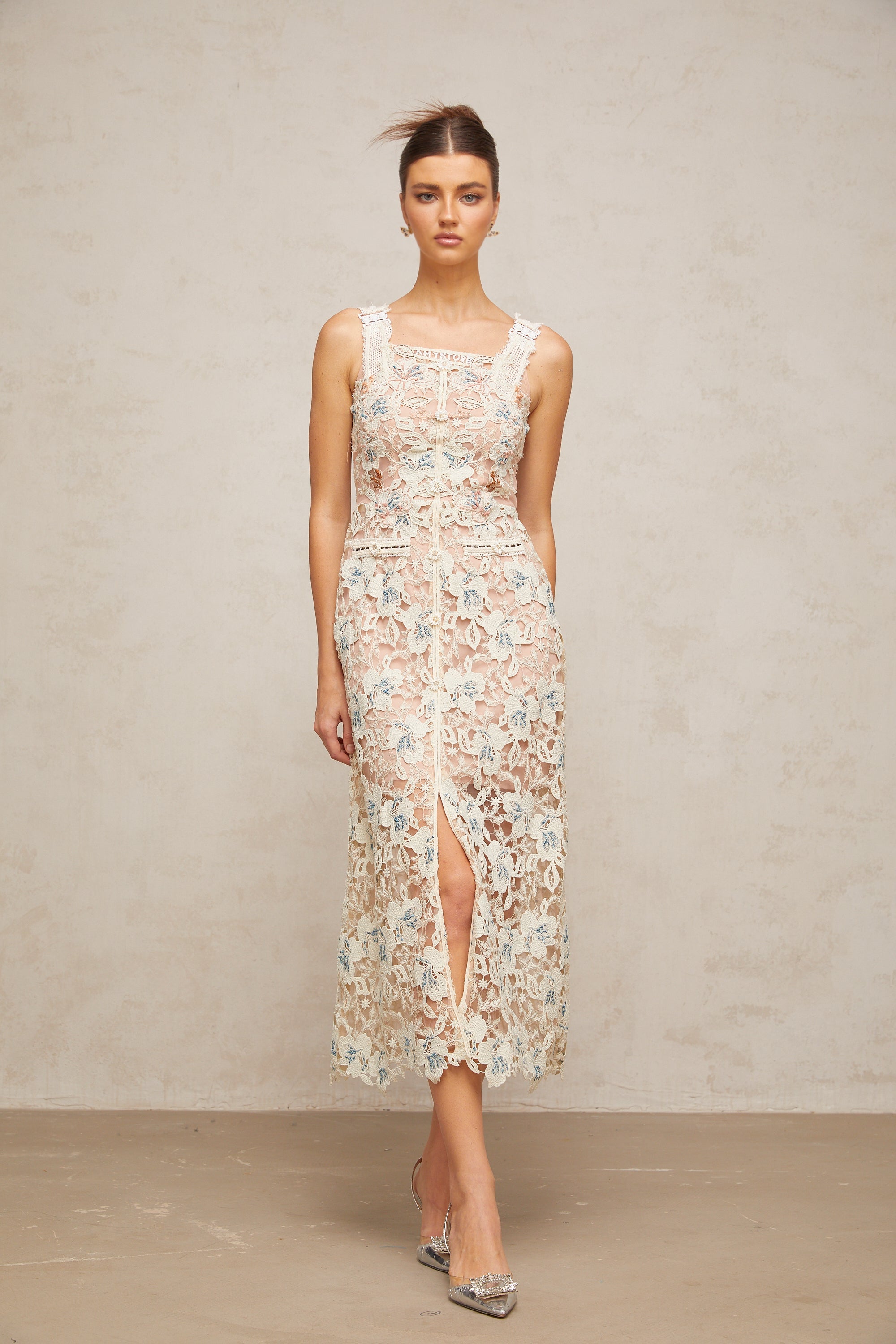 Roxane white A-line flora-lace midi dress (US Only)