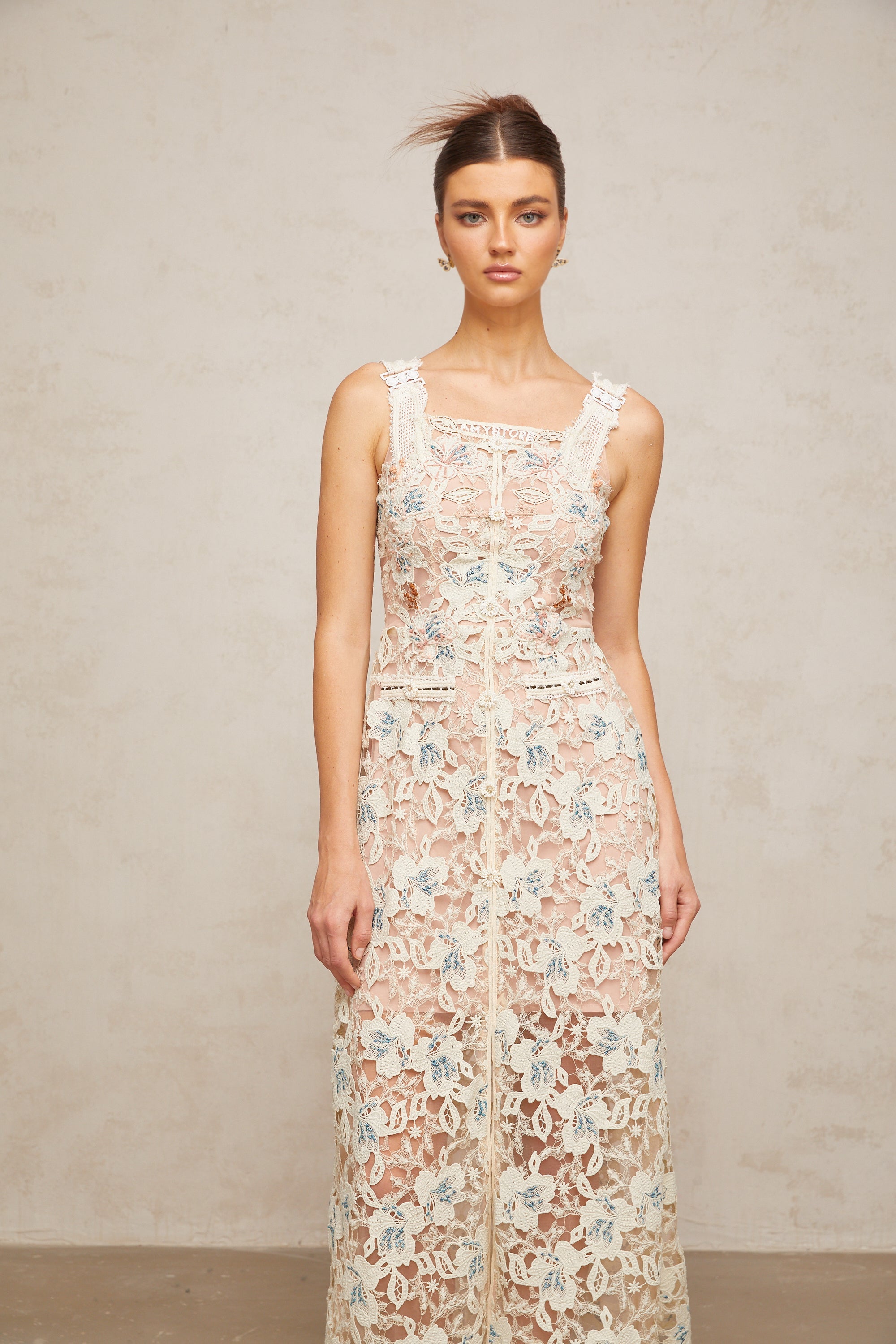 Roxane white A-line flora-lace midi dress