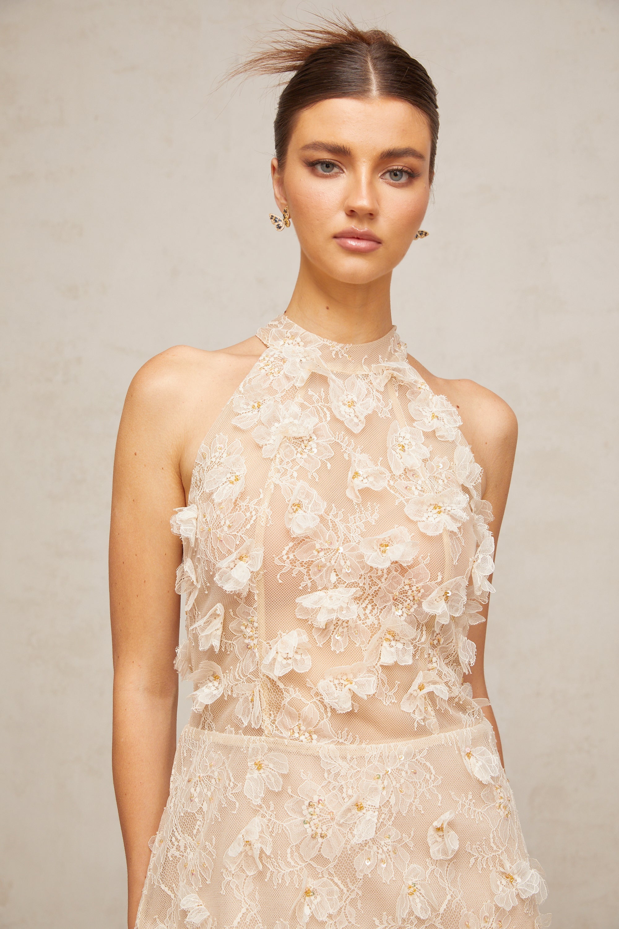 Léa neutrals flower-appliqué lace mini dress