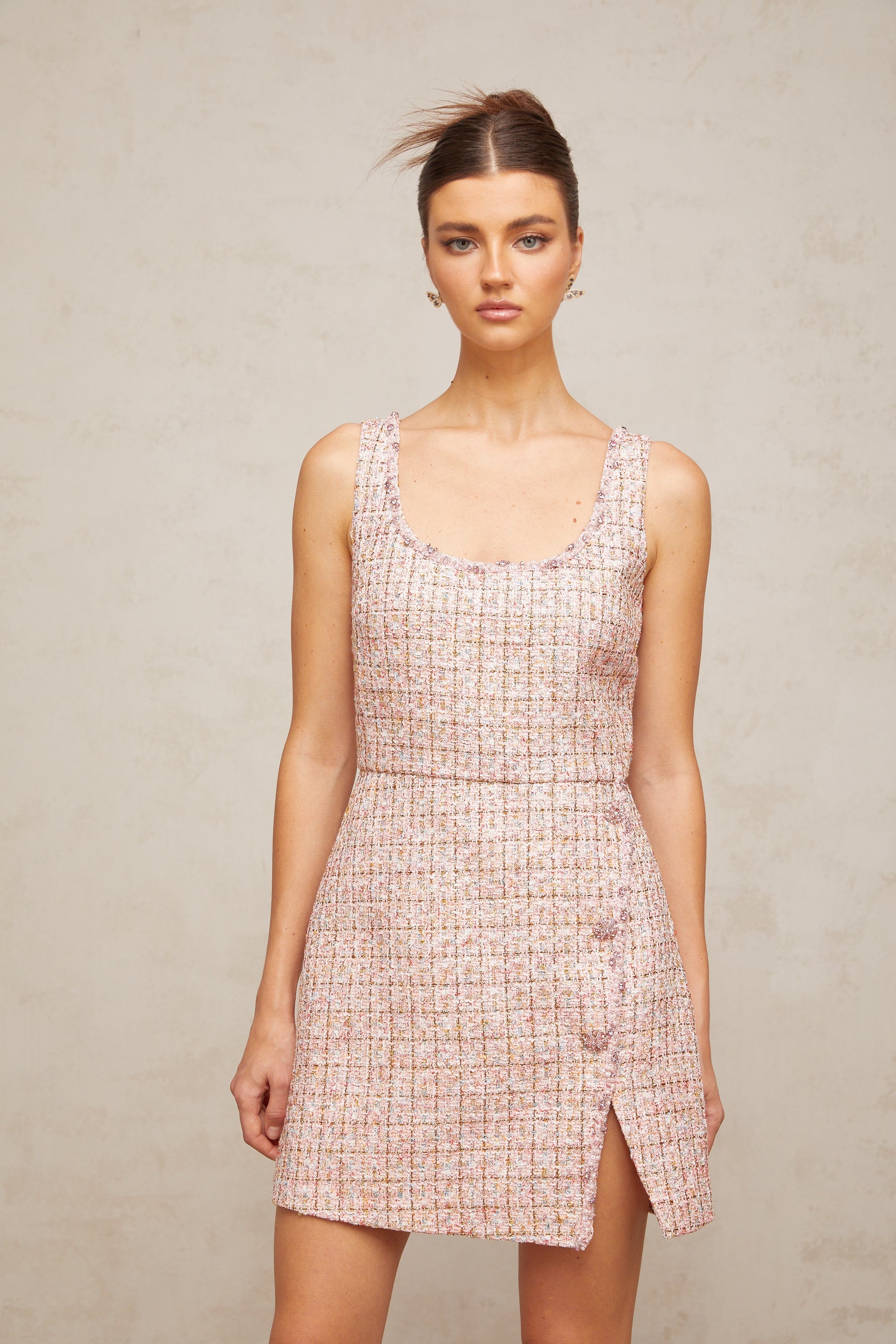 Aoife pink embellished tweed mini dress