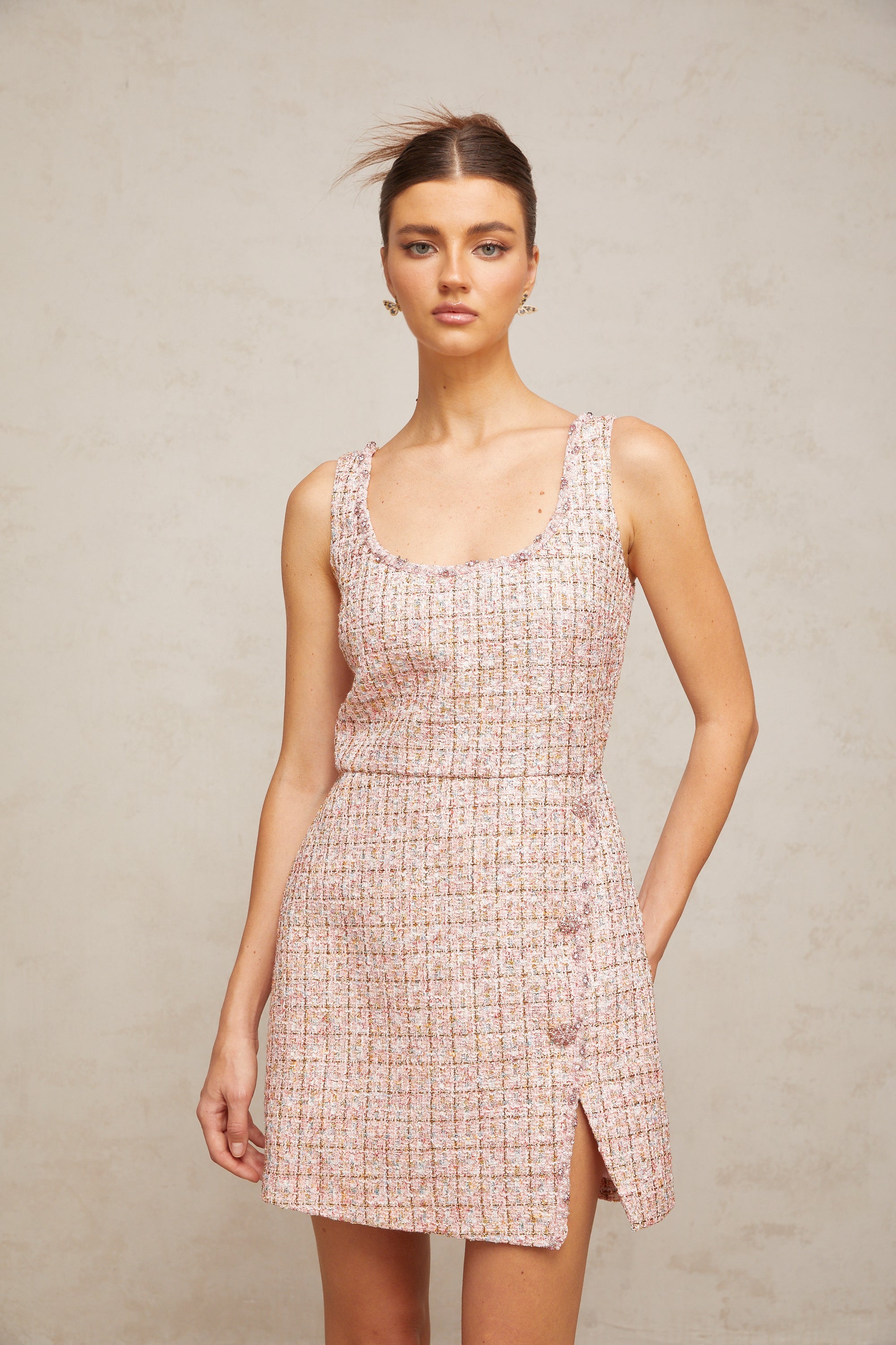 Aoife pink embellished tweed mini dress