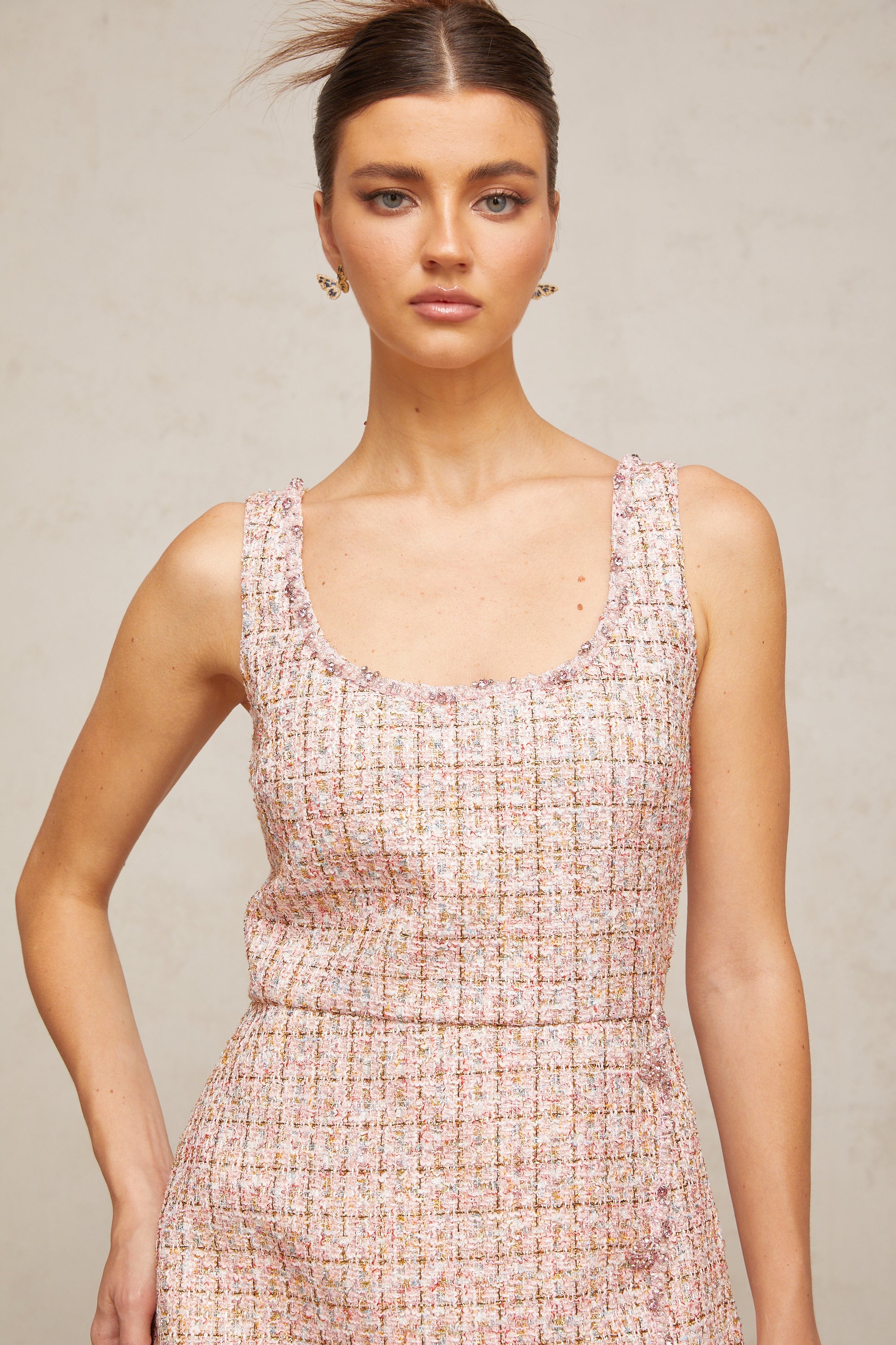 Aoife pink embellished tweed mini dress