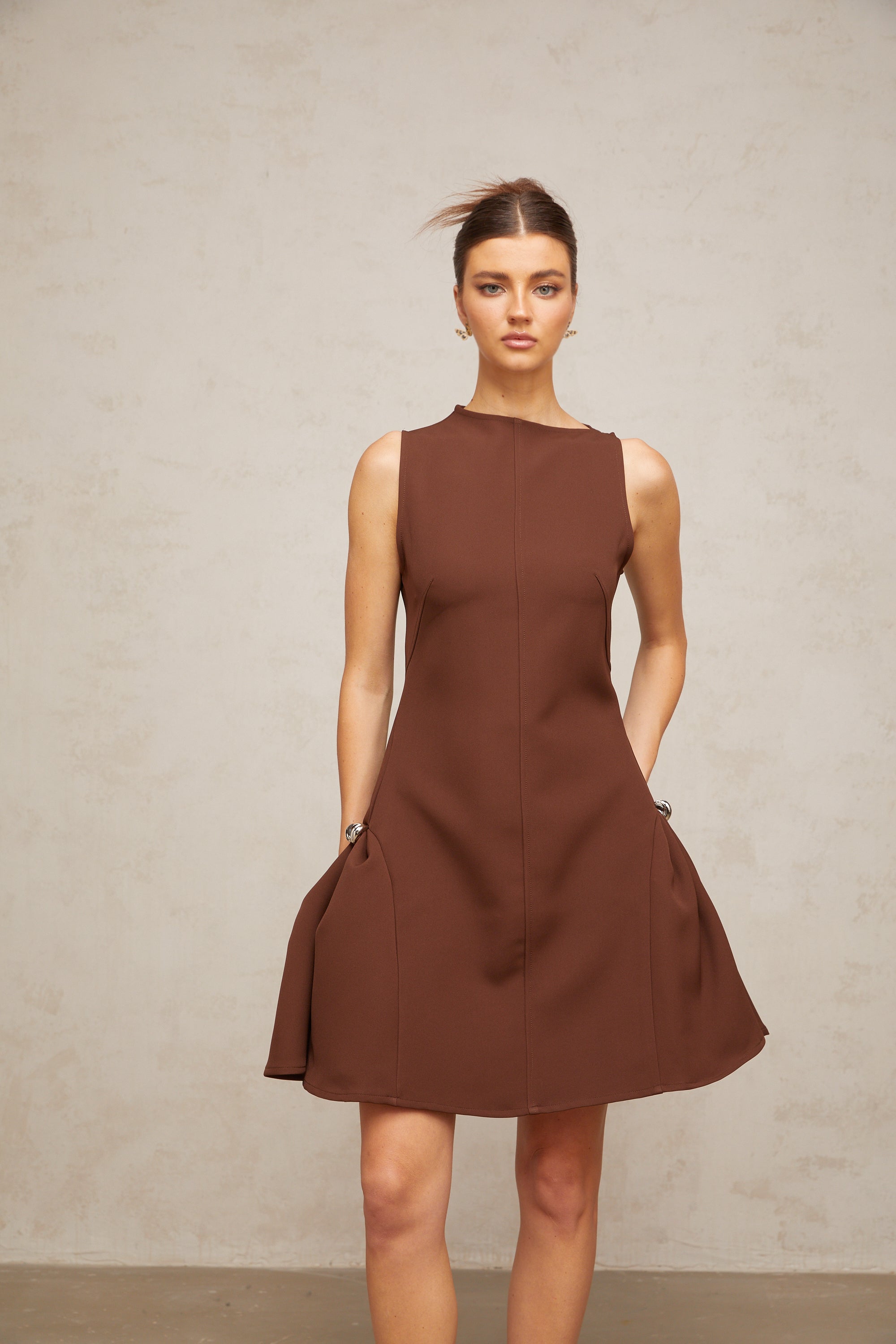 Dora brown asymmetrical-neck puff mini dress