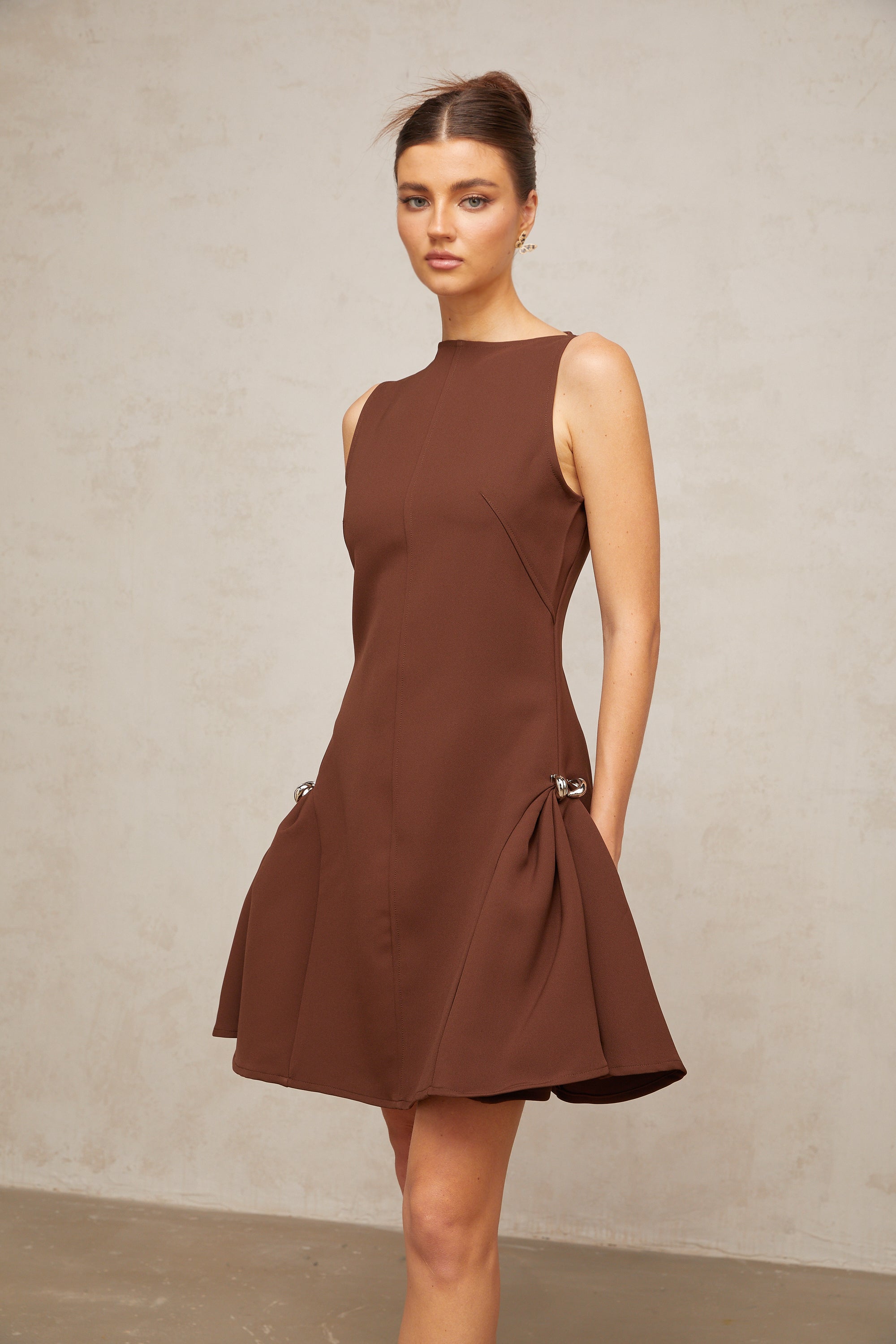 Dora brown asymmetrical-neck puff mini dress