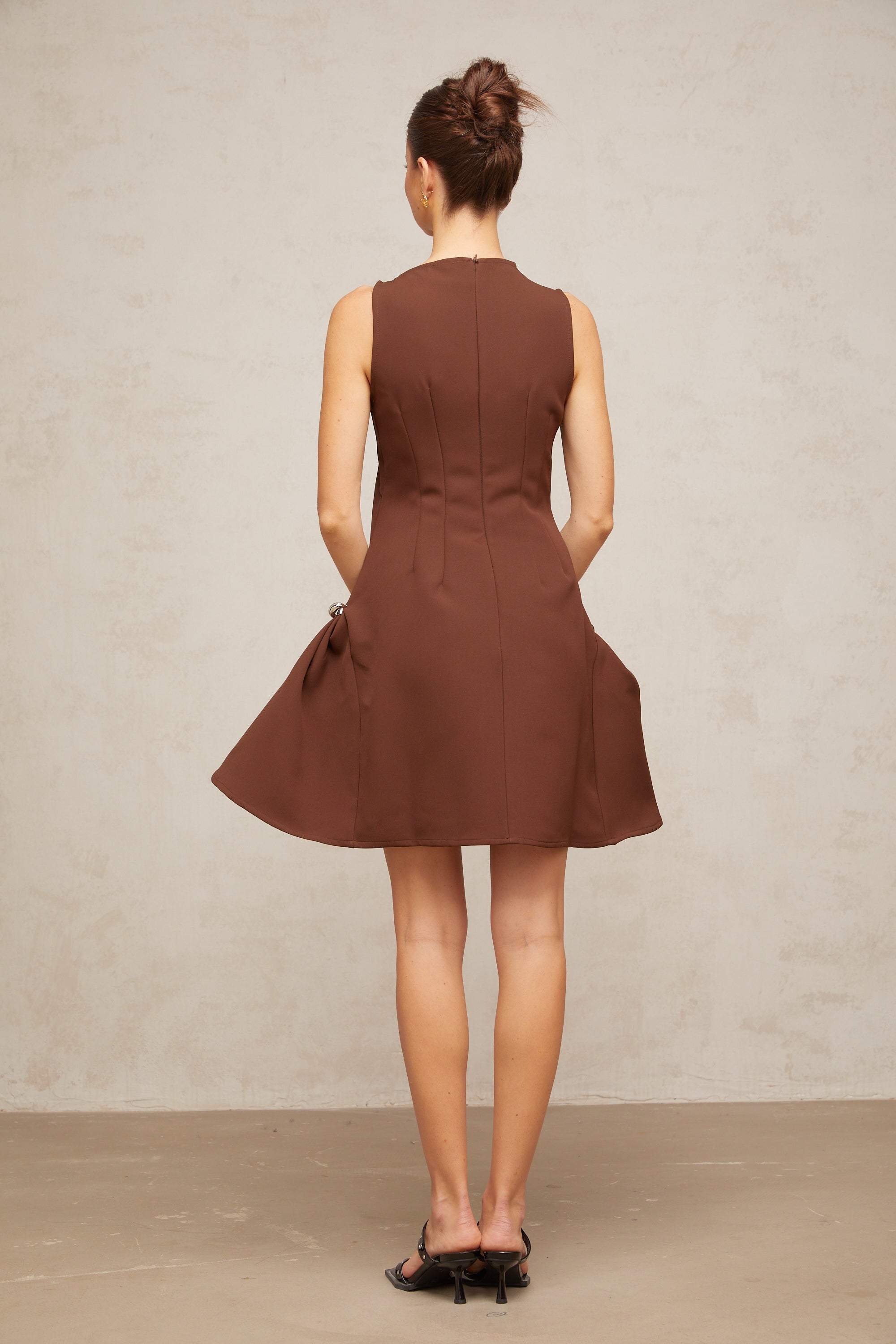 Dora brown asymmetrical-neck puff mini dress