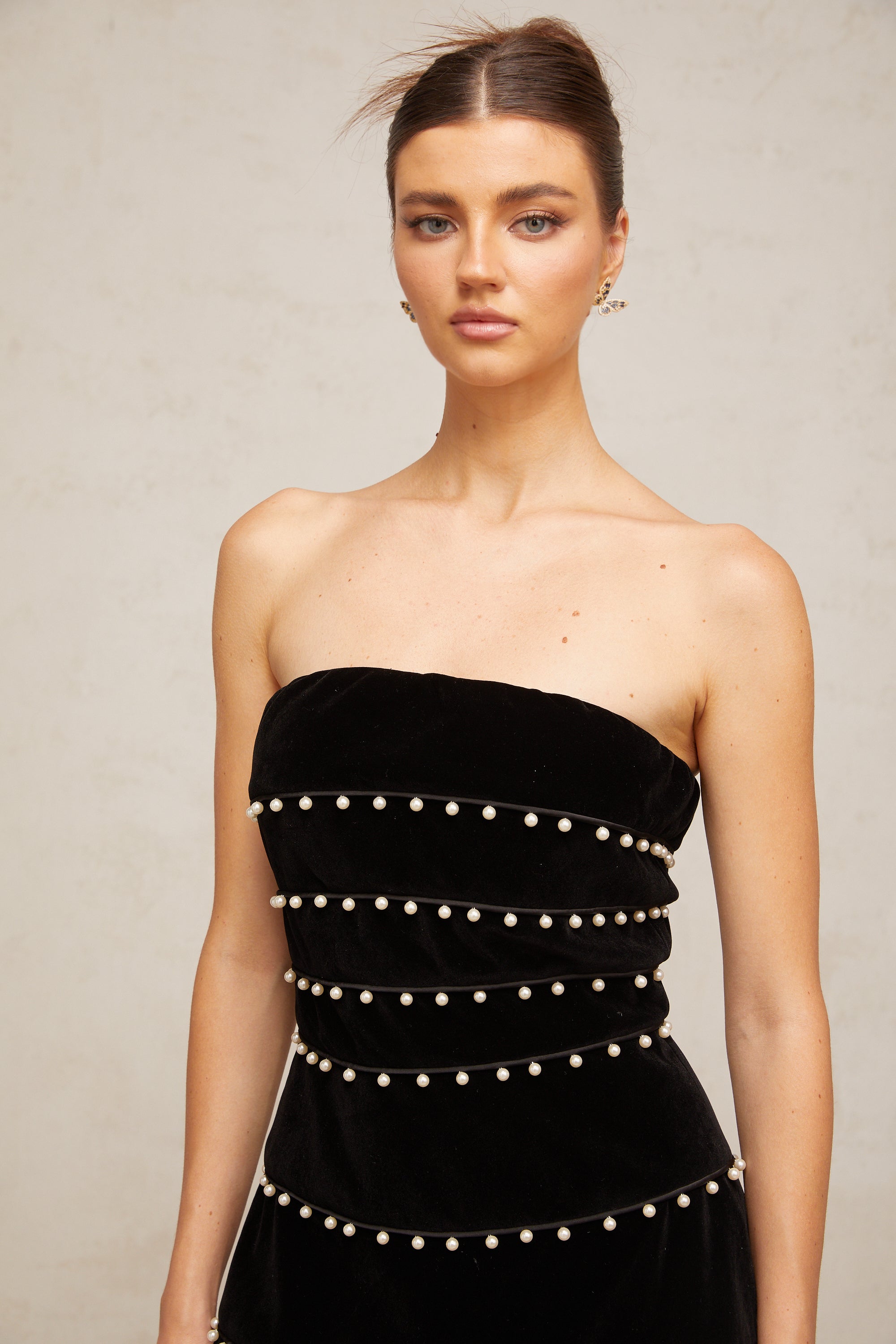 Camille black faux-pearl velvet mini dress