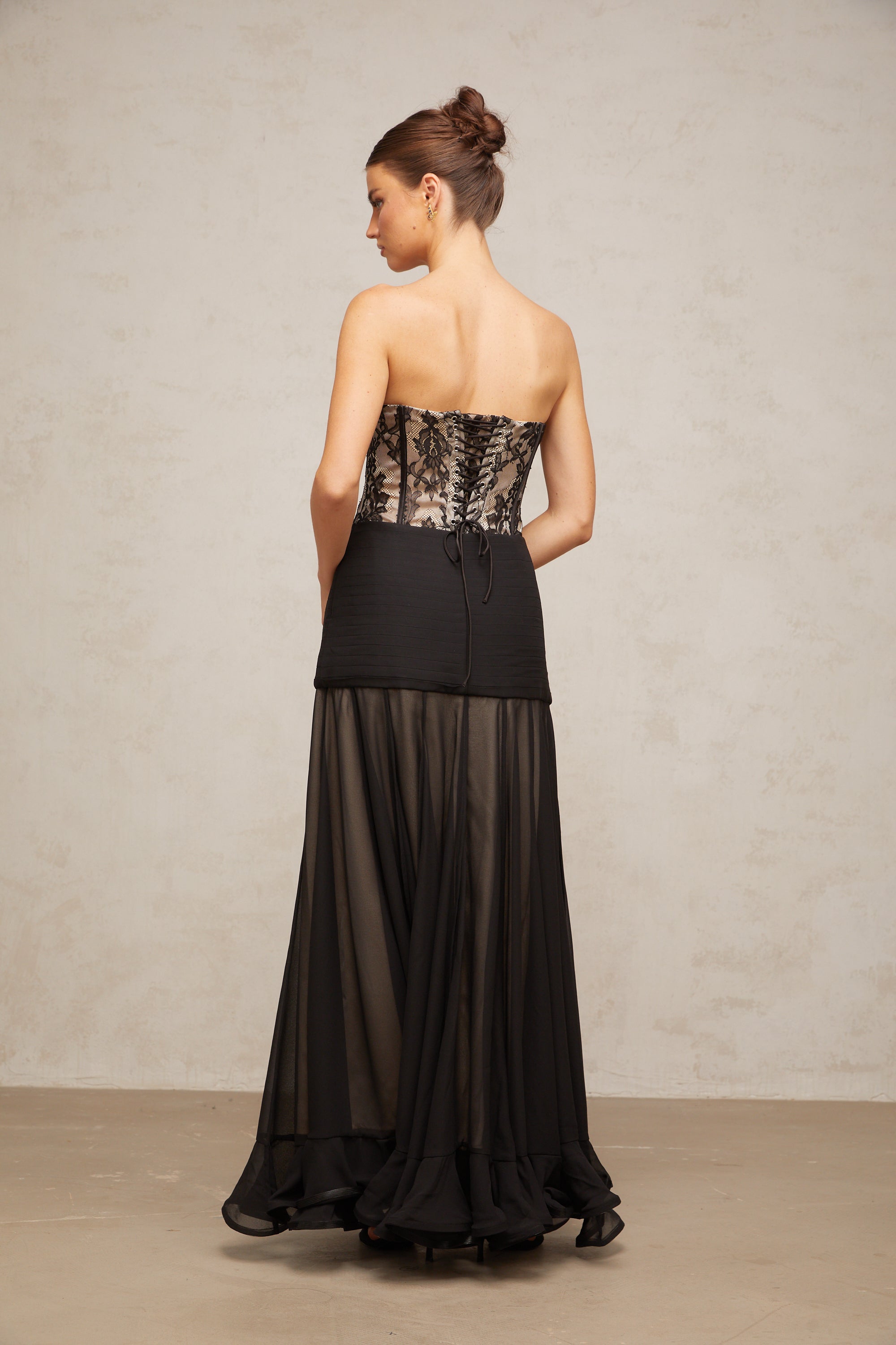 Pétunia black lace flounce maxi dress