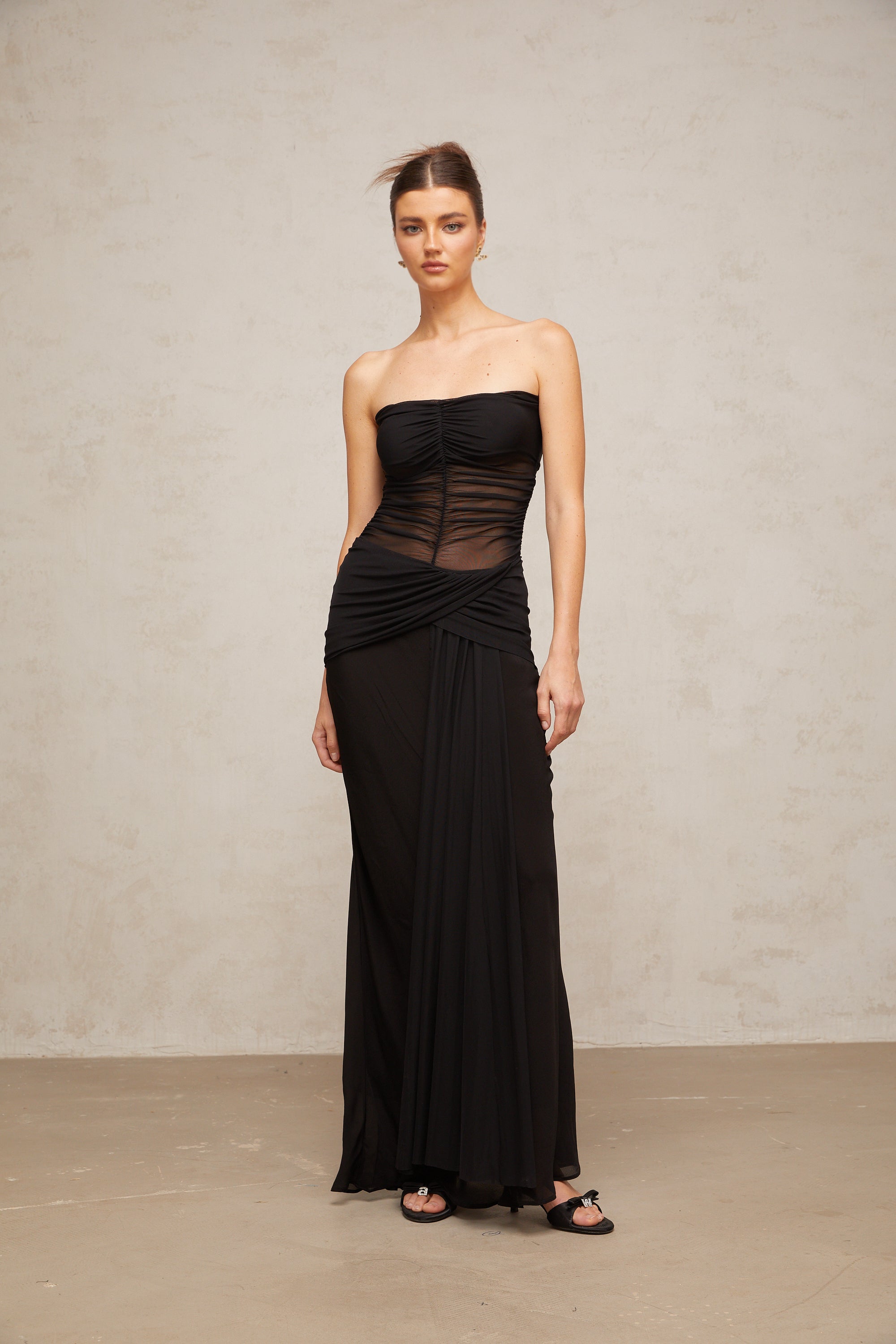 Justine black semi-sheer pleated tulle maxi dress