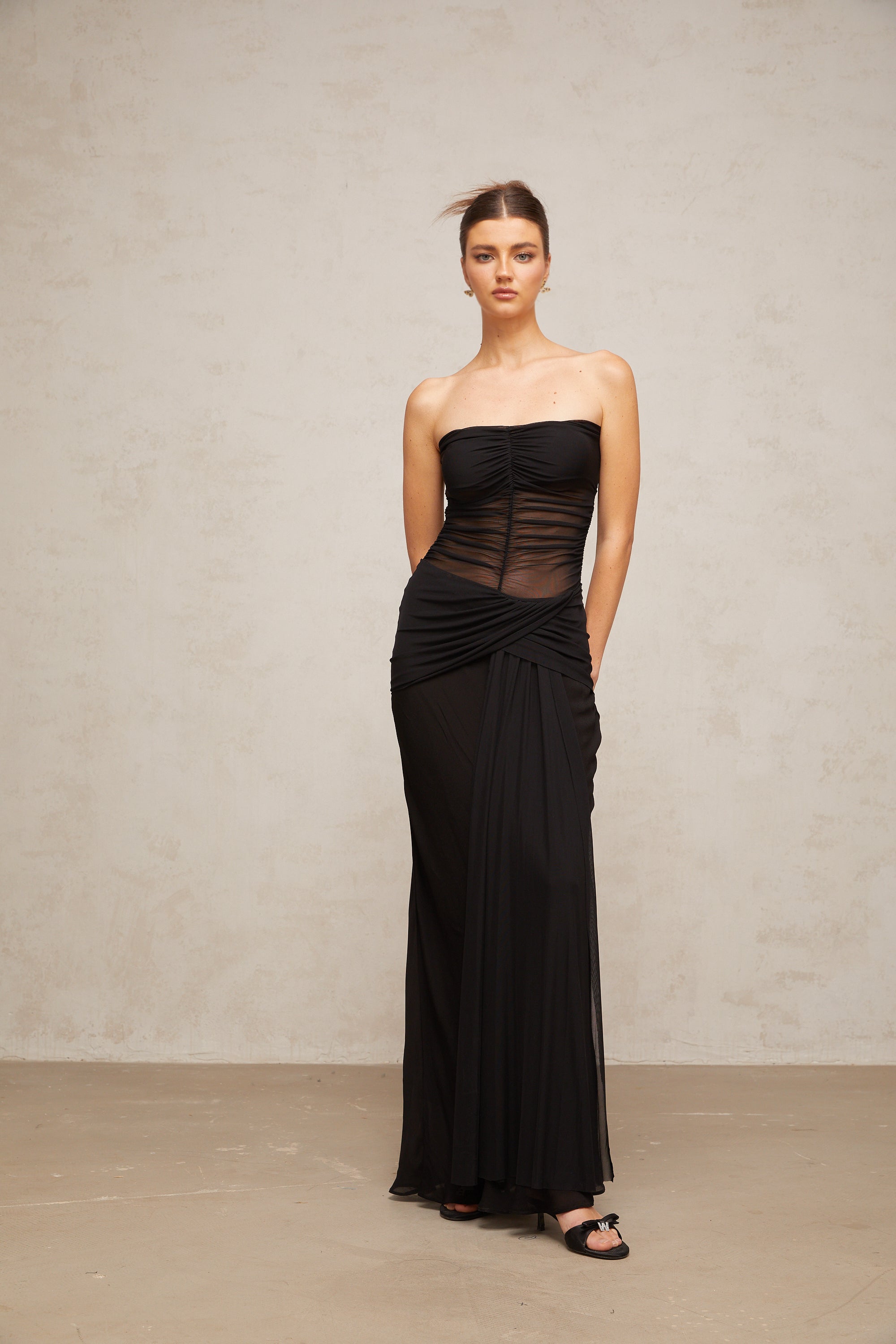 Justine black semi-sheer pleated tulle maxi dress