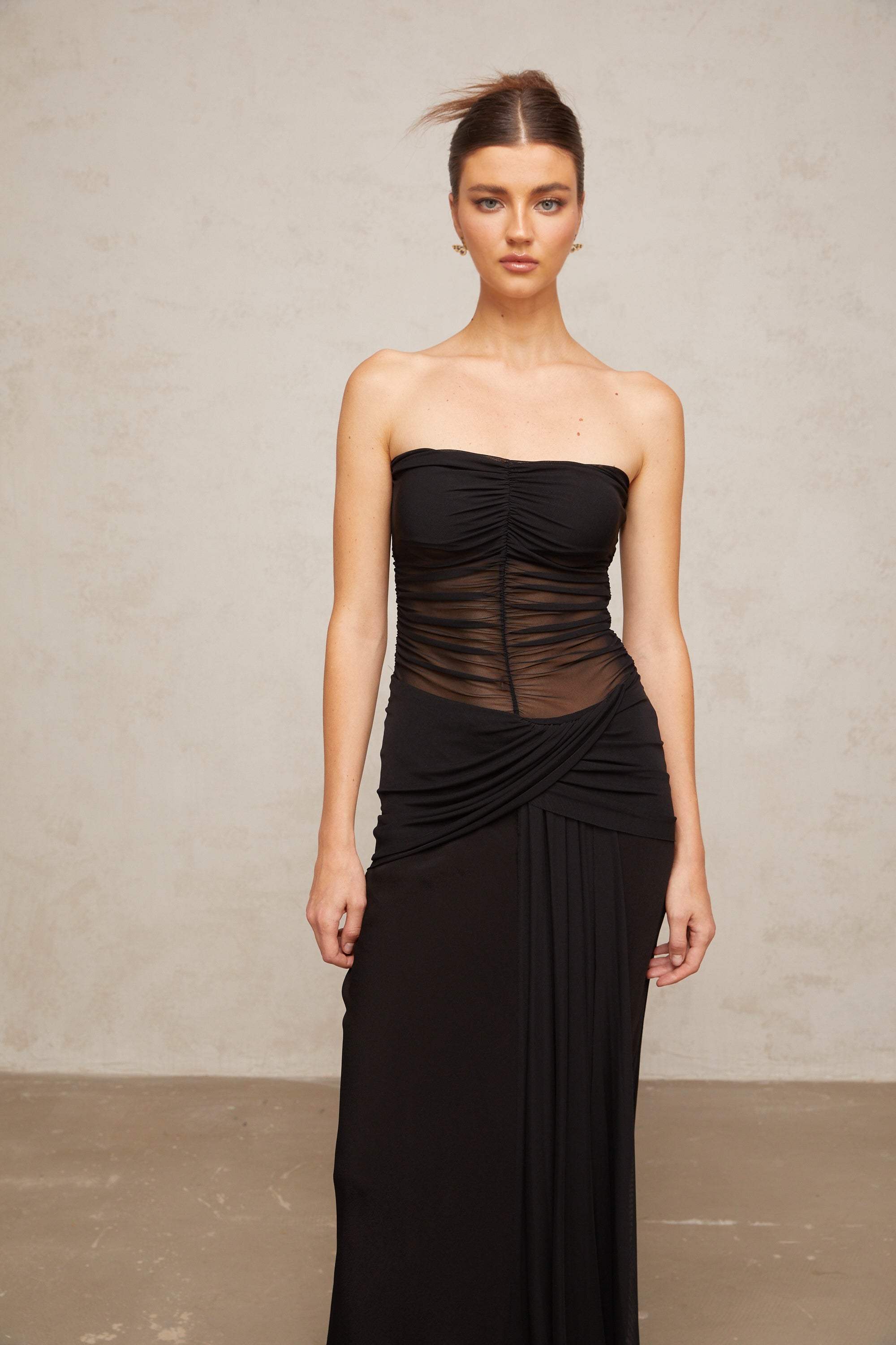 Justine black semi-sheer pleated tulle maxi dress