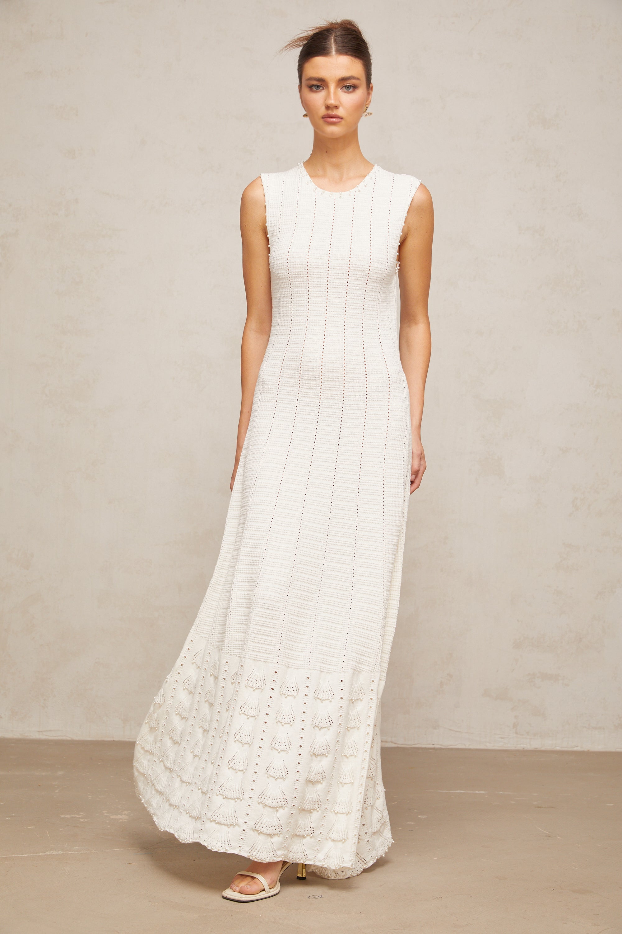Urbaine white faux-pearl pointelle-knit maxi dress
